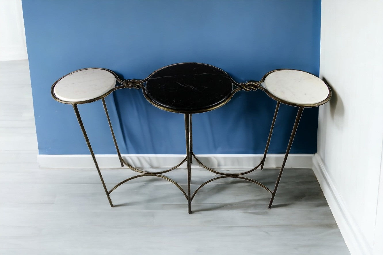 50" Black White And Gold Genuine Marble Round Six Leg Console Table