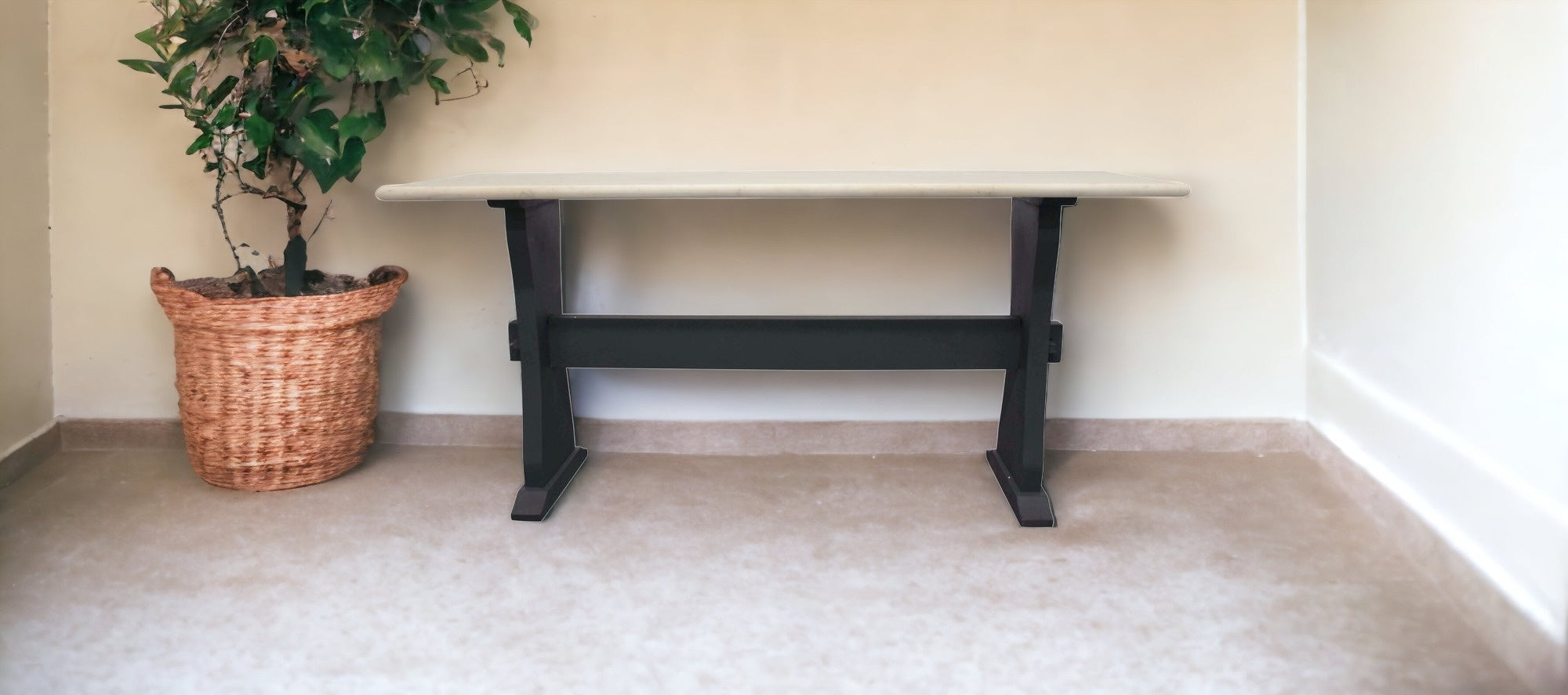 70" Ivory and Black Genuine Marble Trestle Console Table