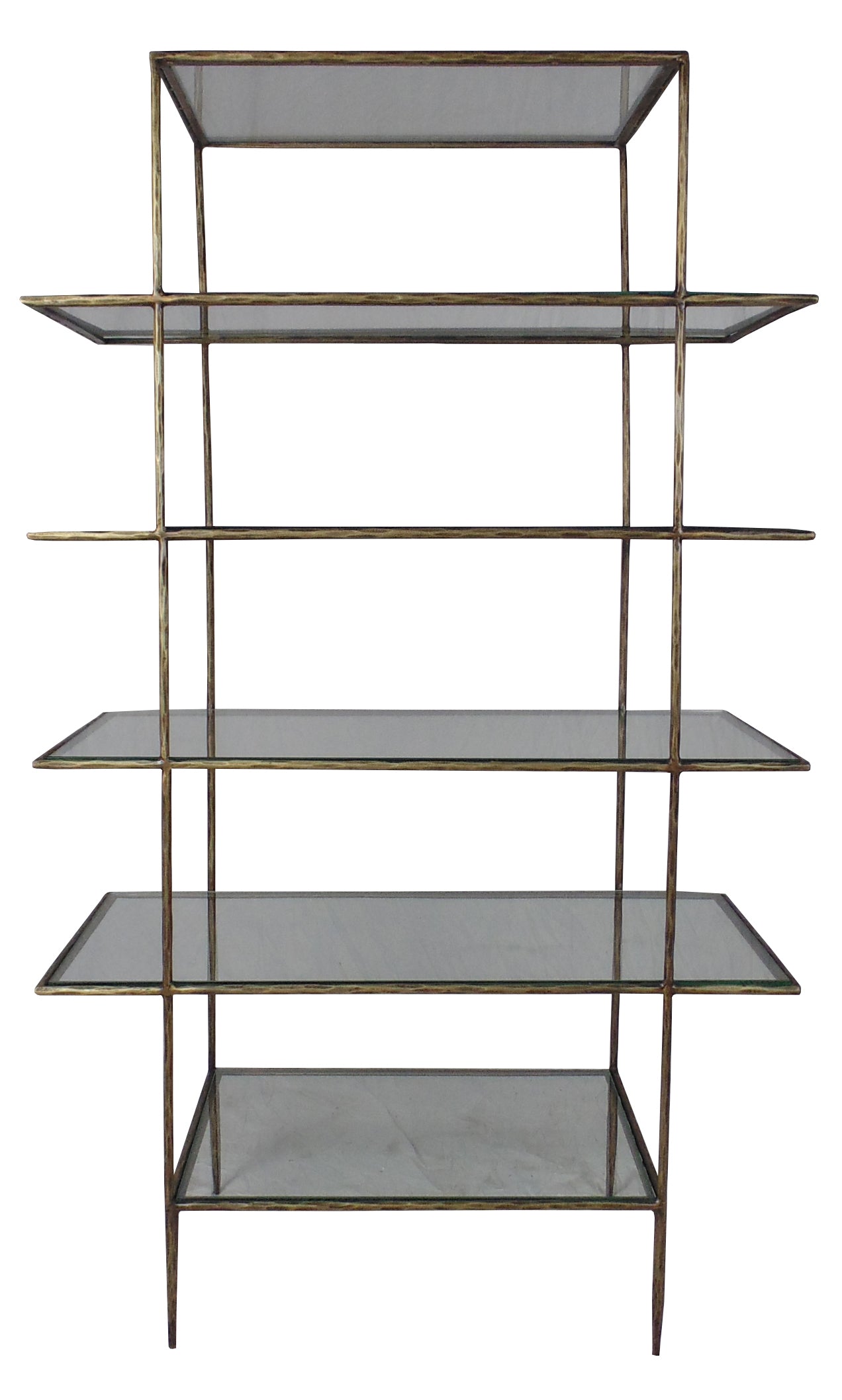 59" Antiqued Gold And Clear Iron and Glass Five Tier Etagere Bookcase
