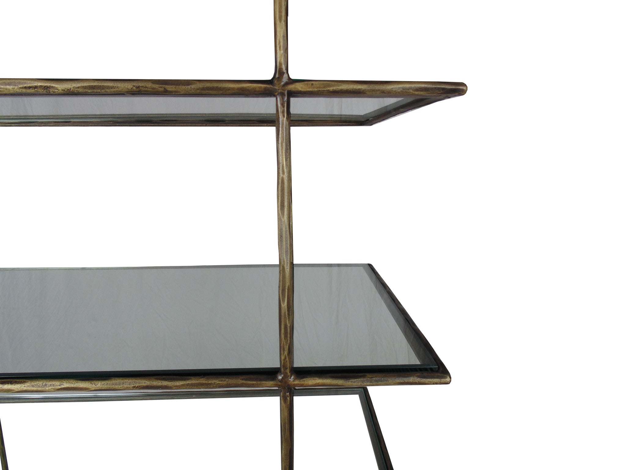 59" Antiqued Gold And Clear Iron and Glass Five Tier Etagere Bookcase