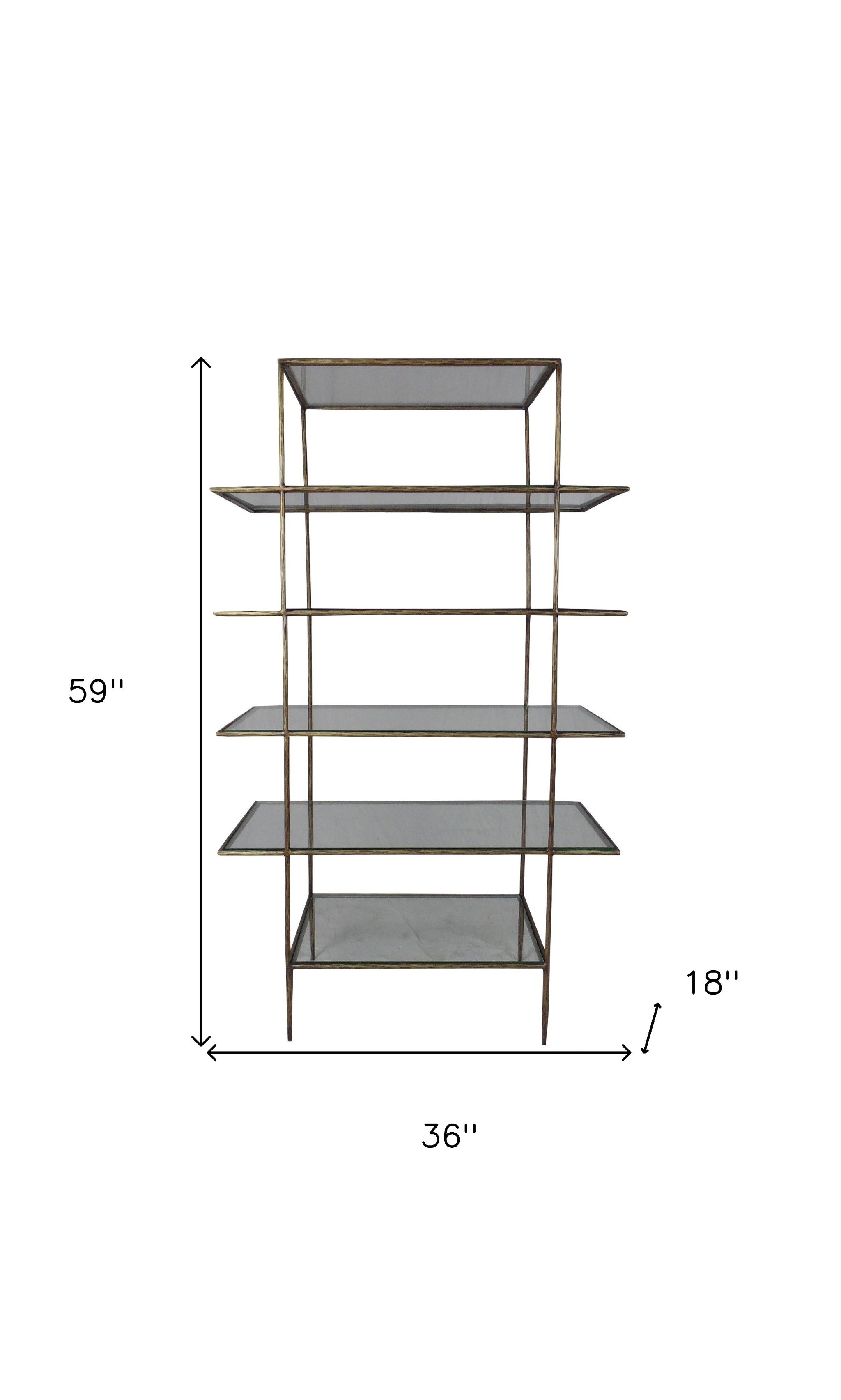 59" Antiqued Gold And Clear Iron and Glass Five Tier Etagere Bookcase
