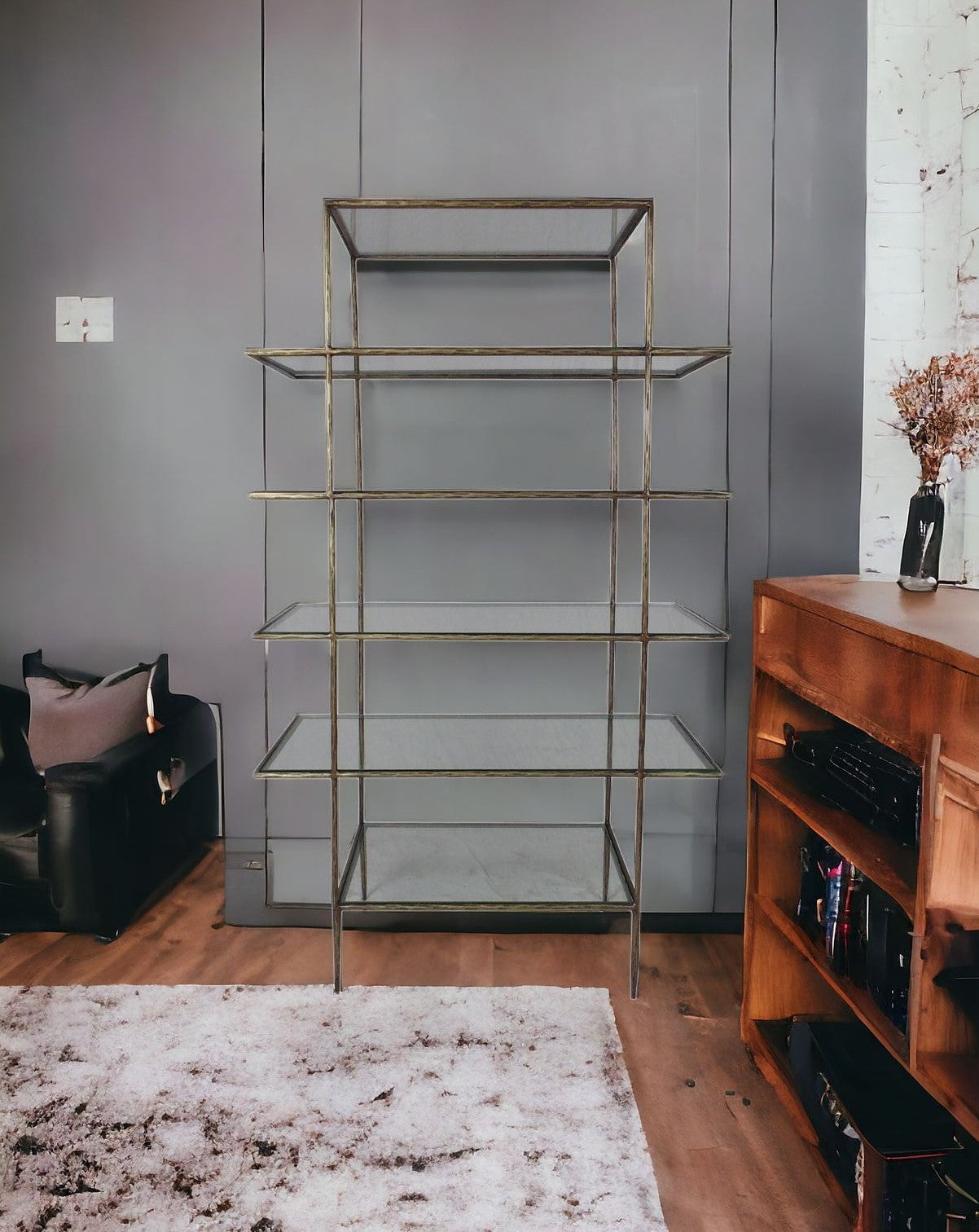 59" Antiqued Gold And Clear Iron and Glass Five Tier Etagere Bookcase