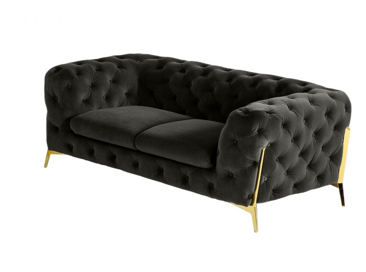 74" Dark Grey And Gold Velour Chesterfield Loveseat