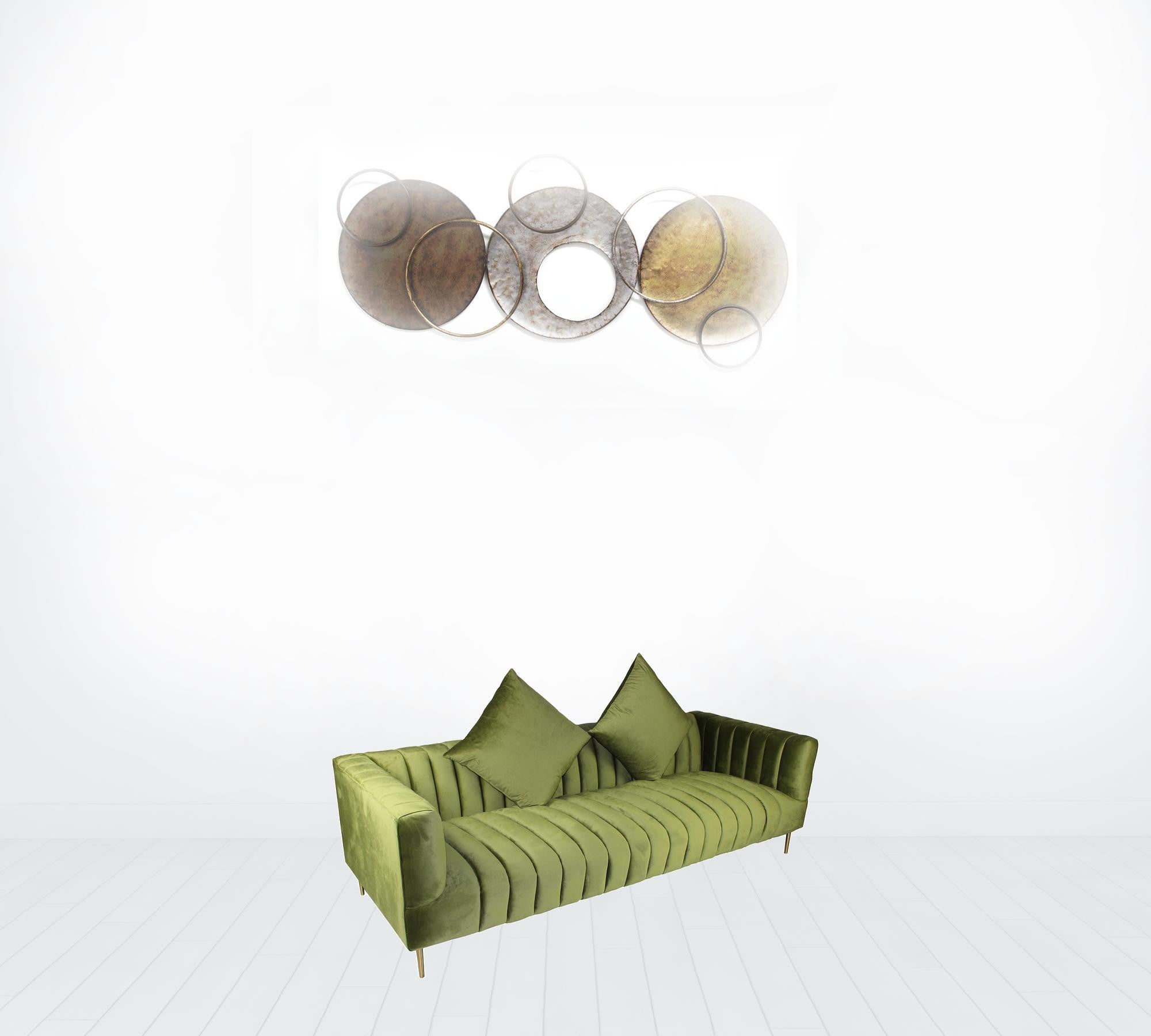 90" Olive Green Velvet Sofa And Toss Pillows With Gold Legs