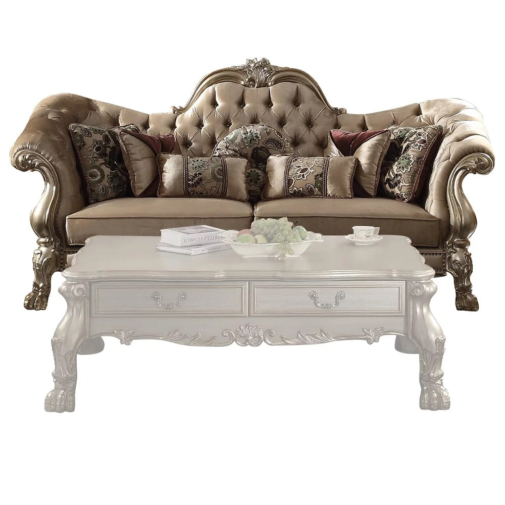 96" Bone Velvet Sofa And Toss Pillows With Gold Legs