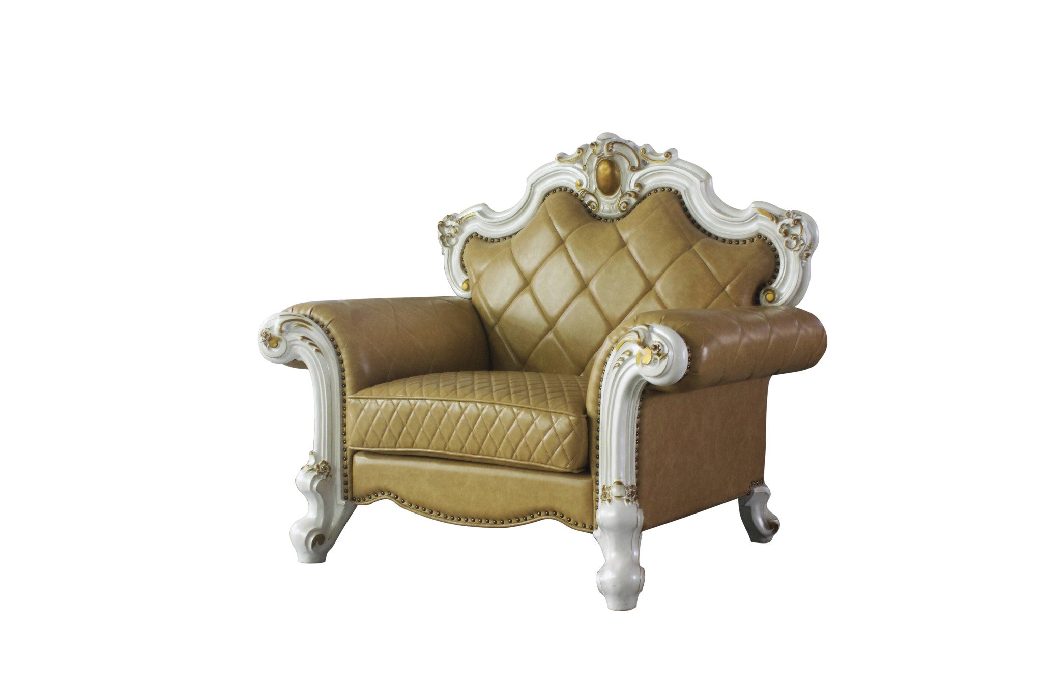 50" Beige and Pearl Faux Leather Tufted Arm Chair