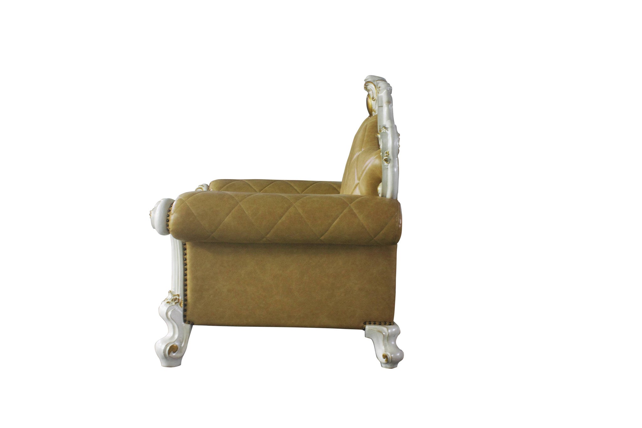 50" Beige and Pearl Faux Leather Tufted Arm Chair