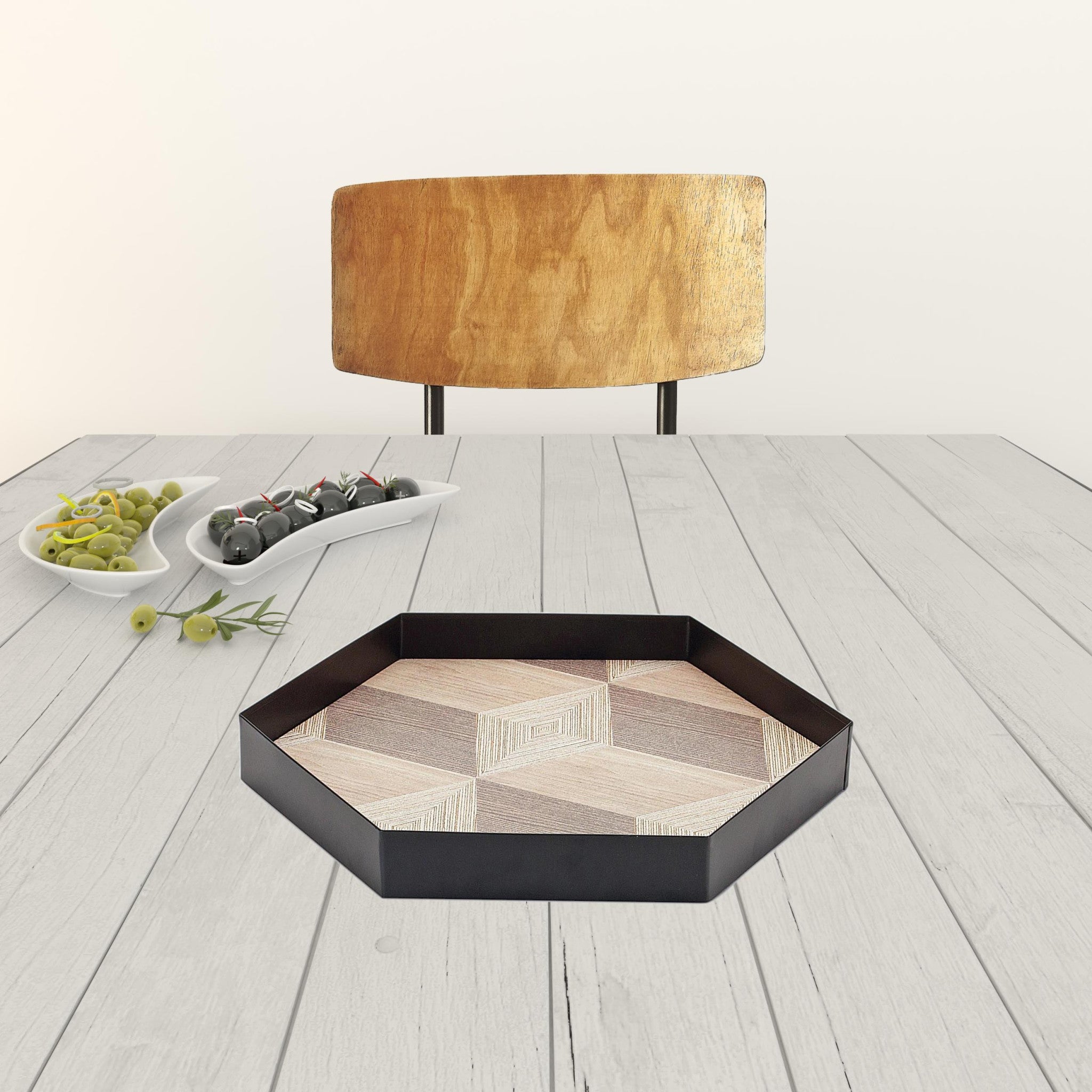 Set of Three Natural and Black Hexagon Iron Serving Tray