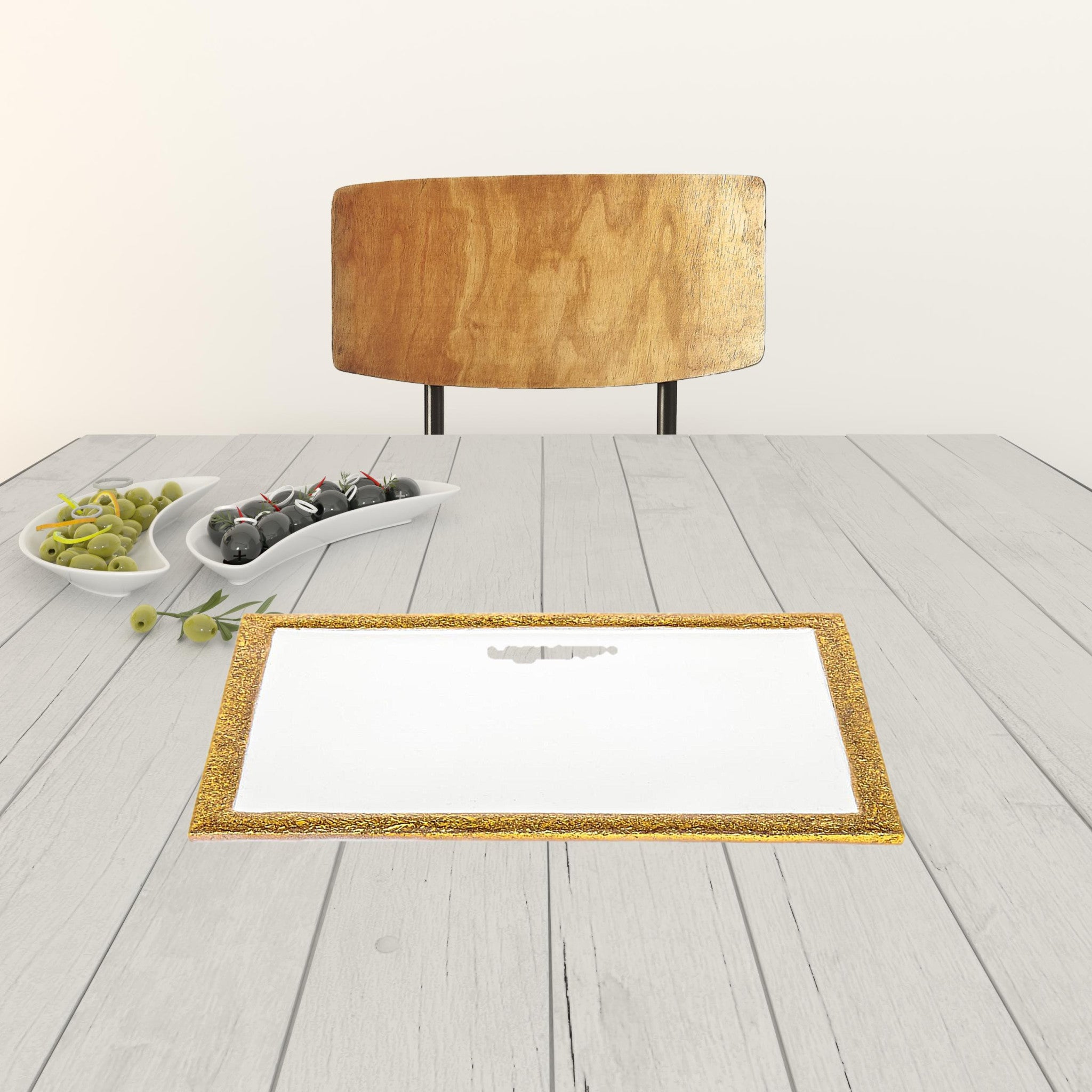 9" Gold and White Rectangular Metal Serving Tray