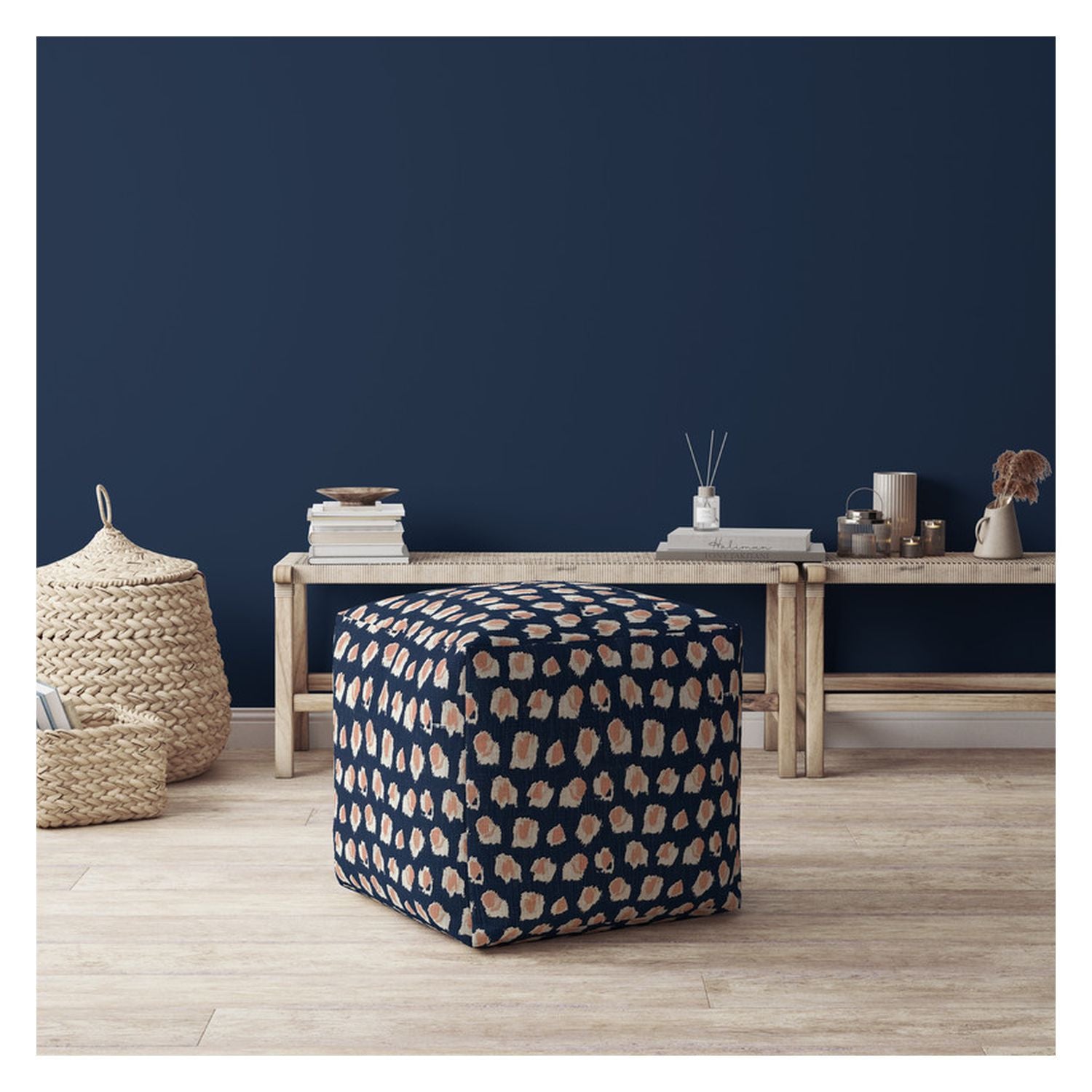 17" Blue Canvas Abstract Pouf Cover