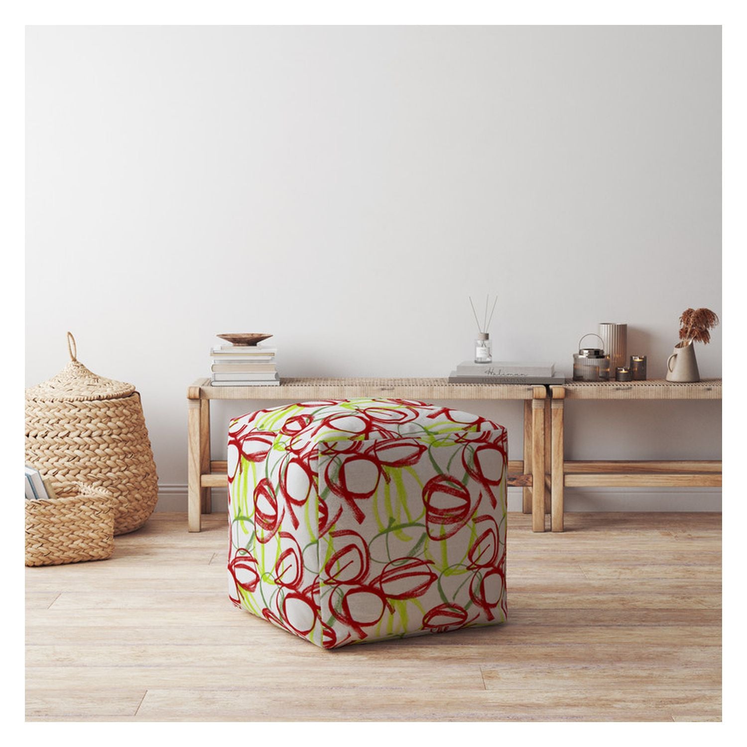 17" Green And White Cotton Abstract Pouf Cover