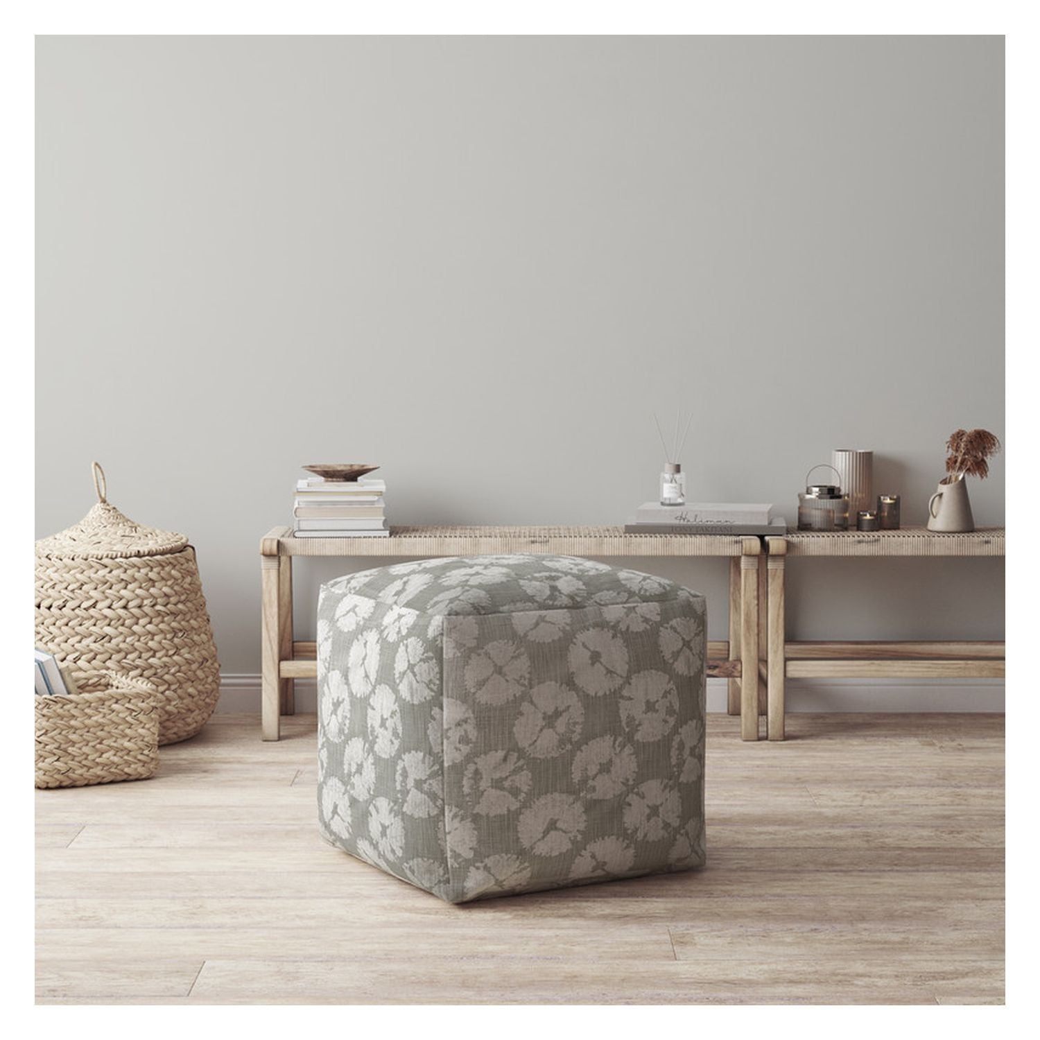 17" Gray Canvas Abstract Pouf Cover