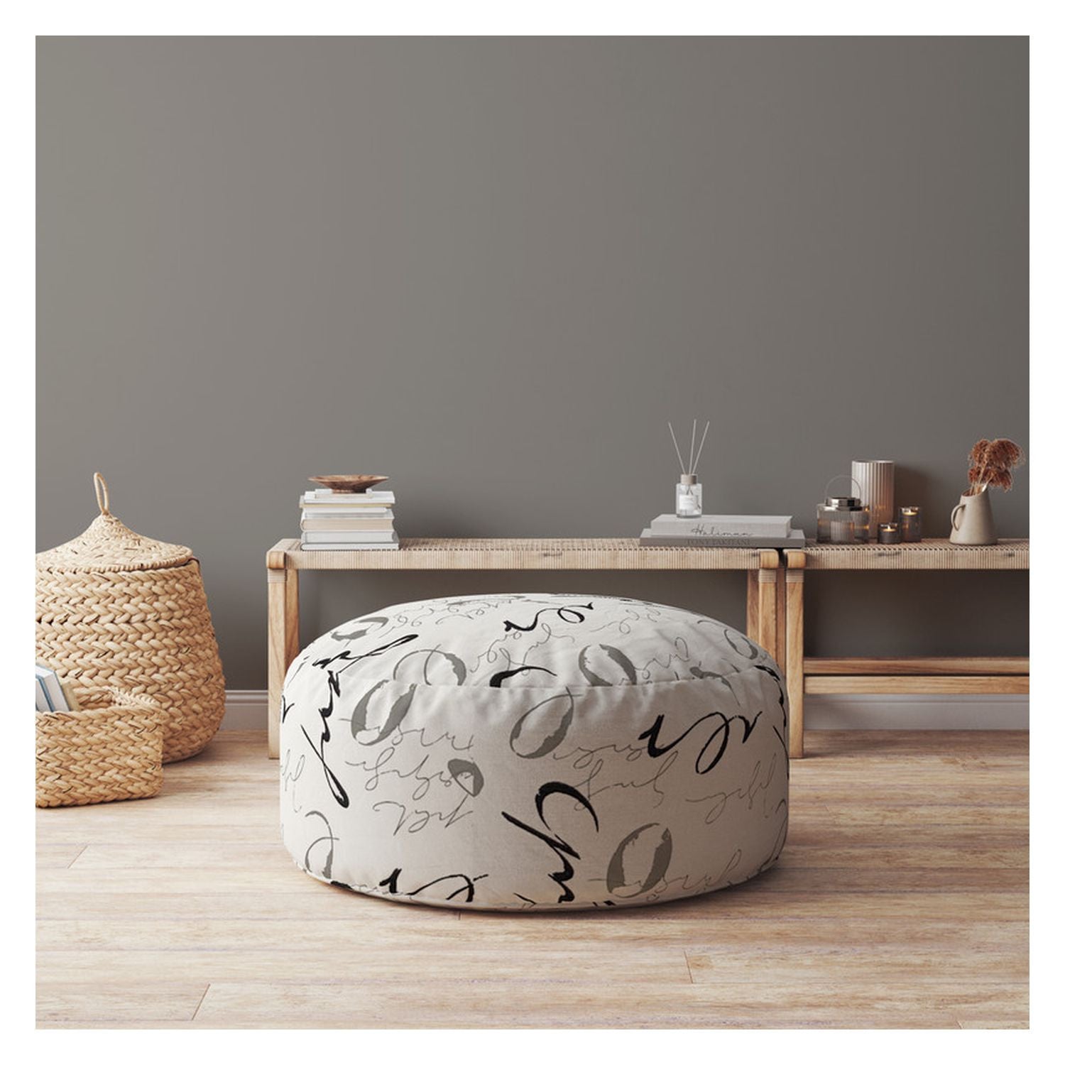 24" Black And Gray Polyester Round Abstract Pouf Cover