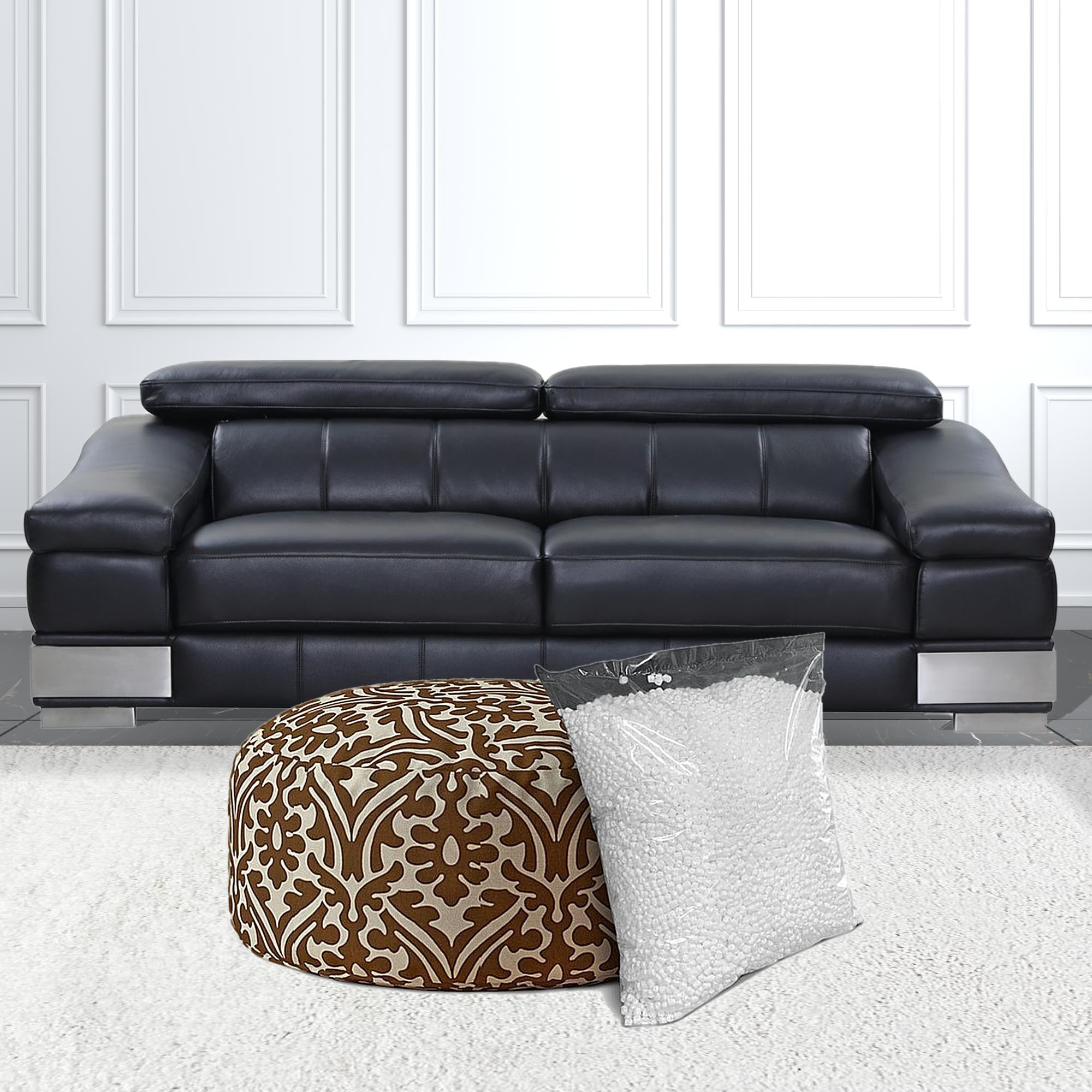 24" Brown Cotton Round Damask Pouf Cover