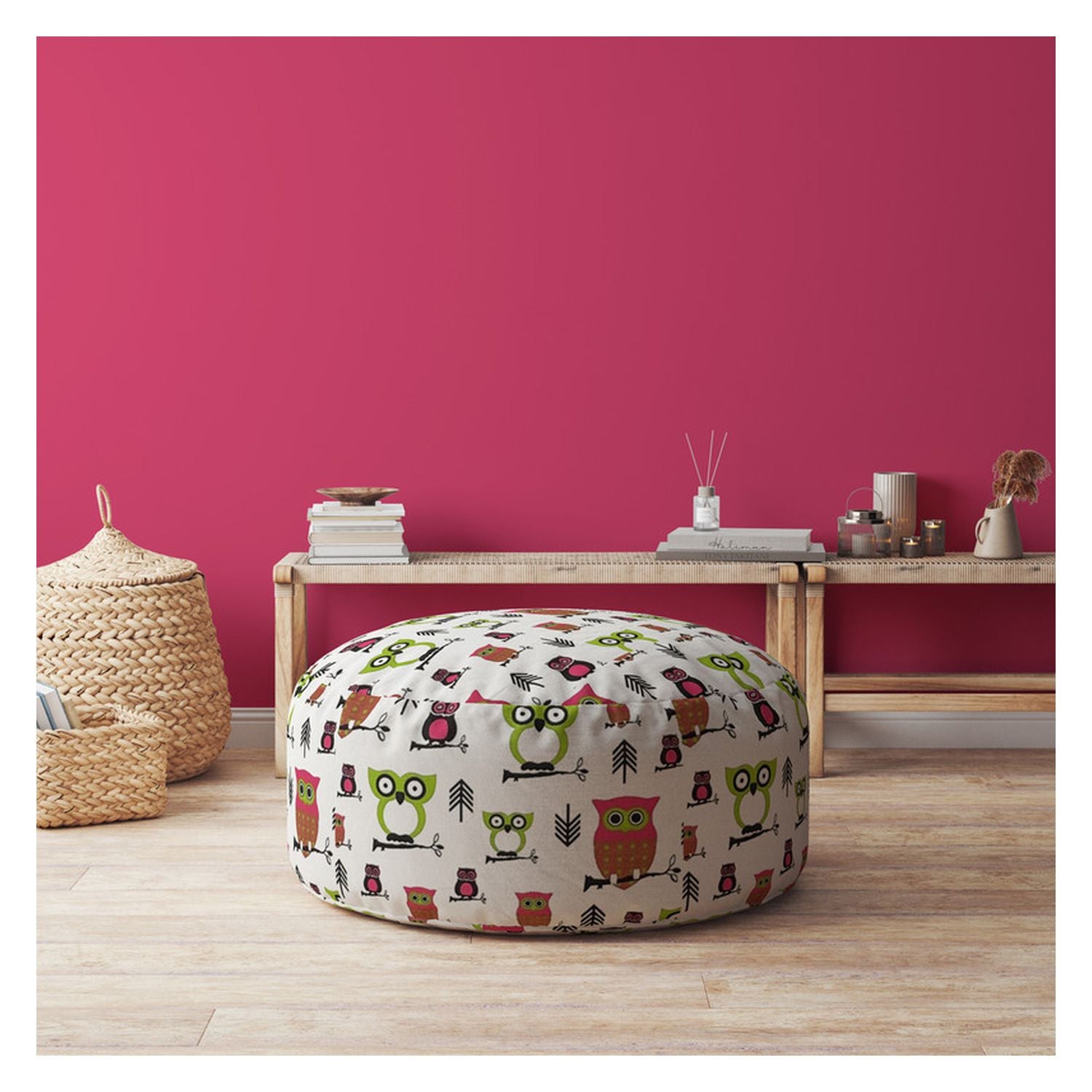 24" Pink And White Cotton Round Owls Pouf Cover