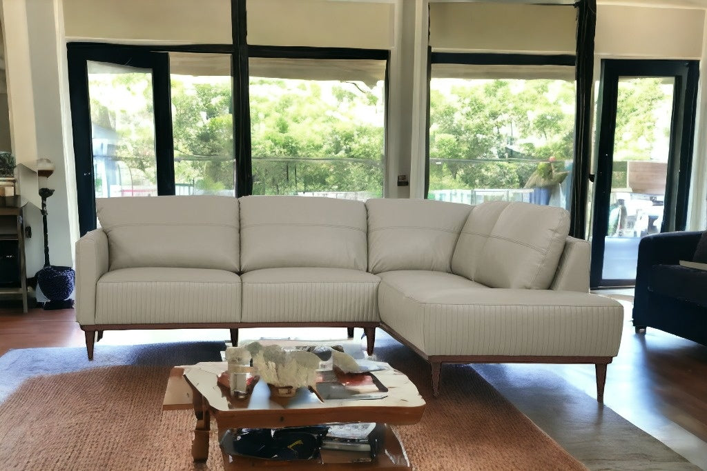 Light Green Leather L Shaped Two Piece Sofa and Chaise Sectional