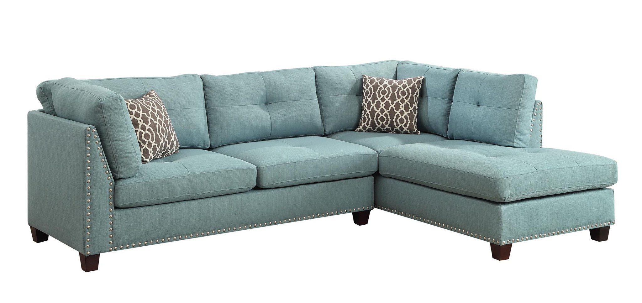 Teal Blue Linen L Shaped Two Piece Sofa and Chaise