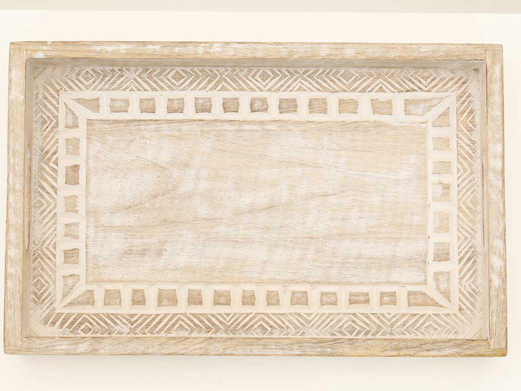 Set Of Three 12" White Rectangular Solid Wood Abstract Handmade Serving Tray With Handles
