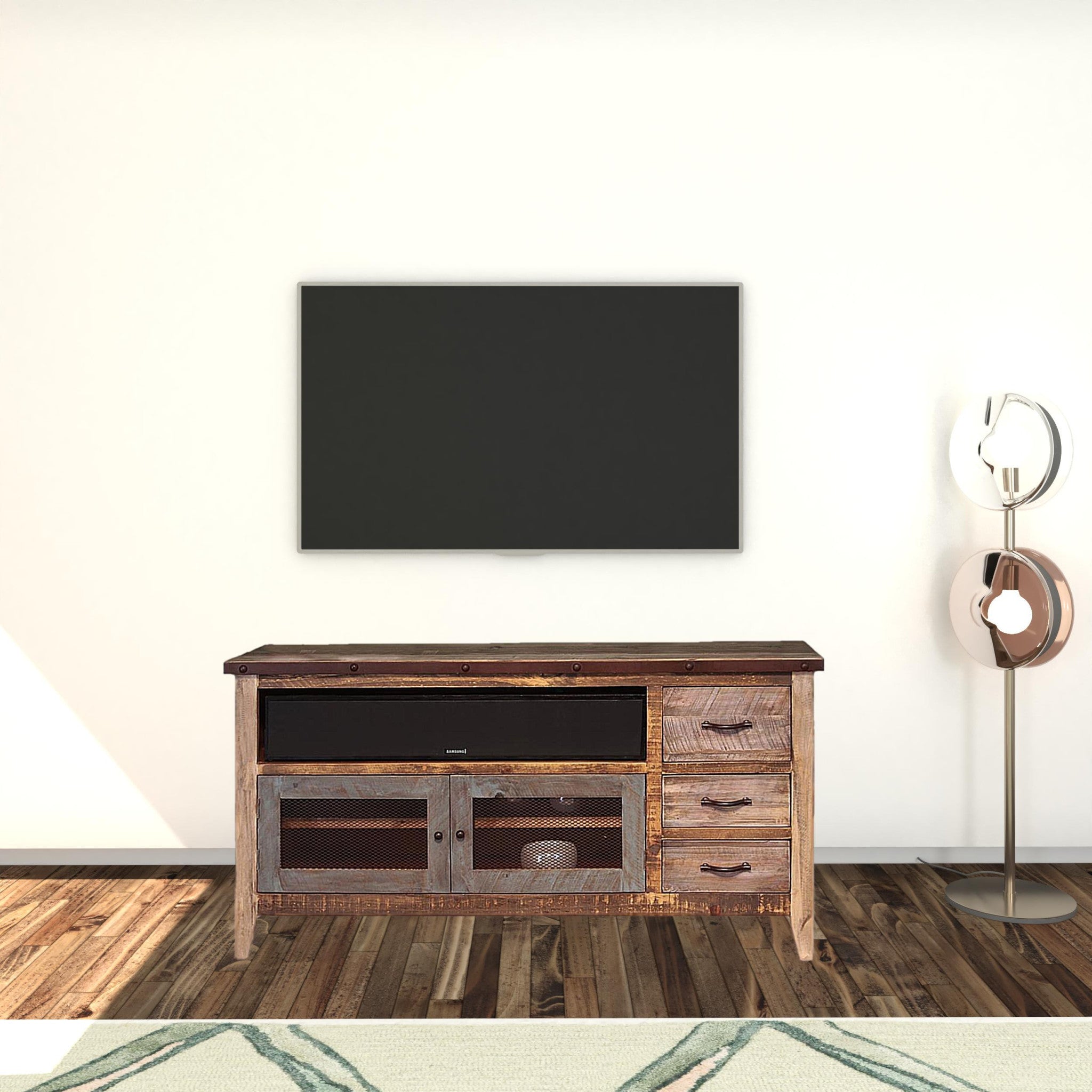 61" Brown Solid Wood Cabinet Enclosed Storage Distressed TV Stand