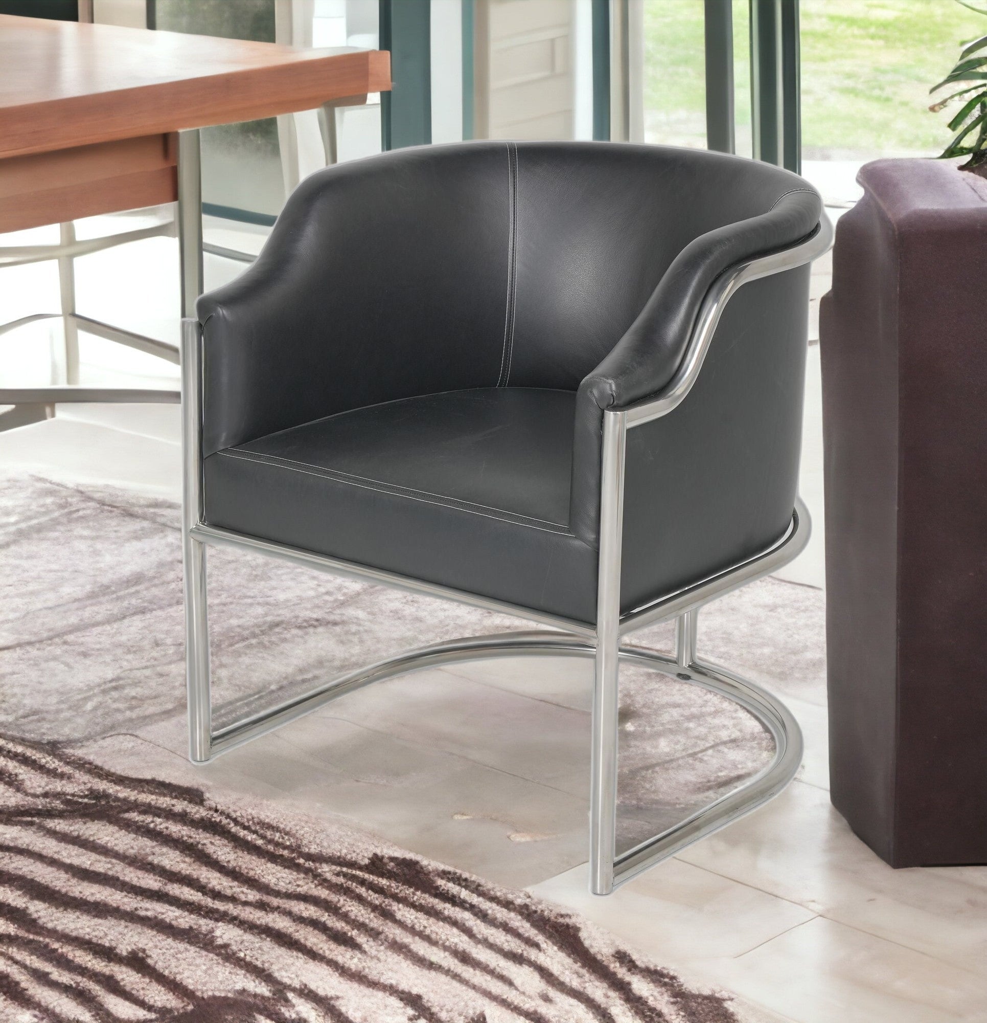 Charcoal and Silver Upholstered Leather Curved Back Dining Arm Chair