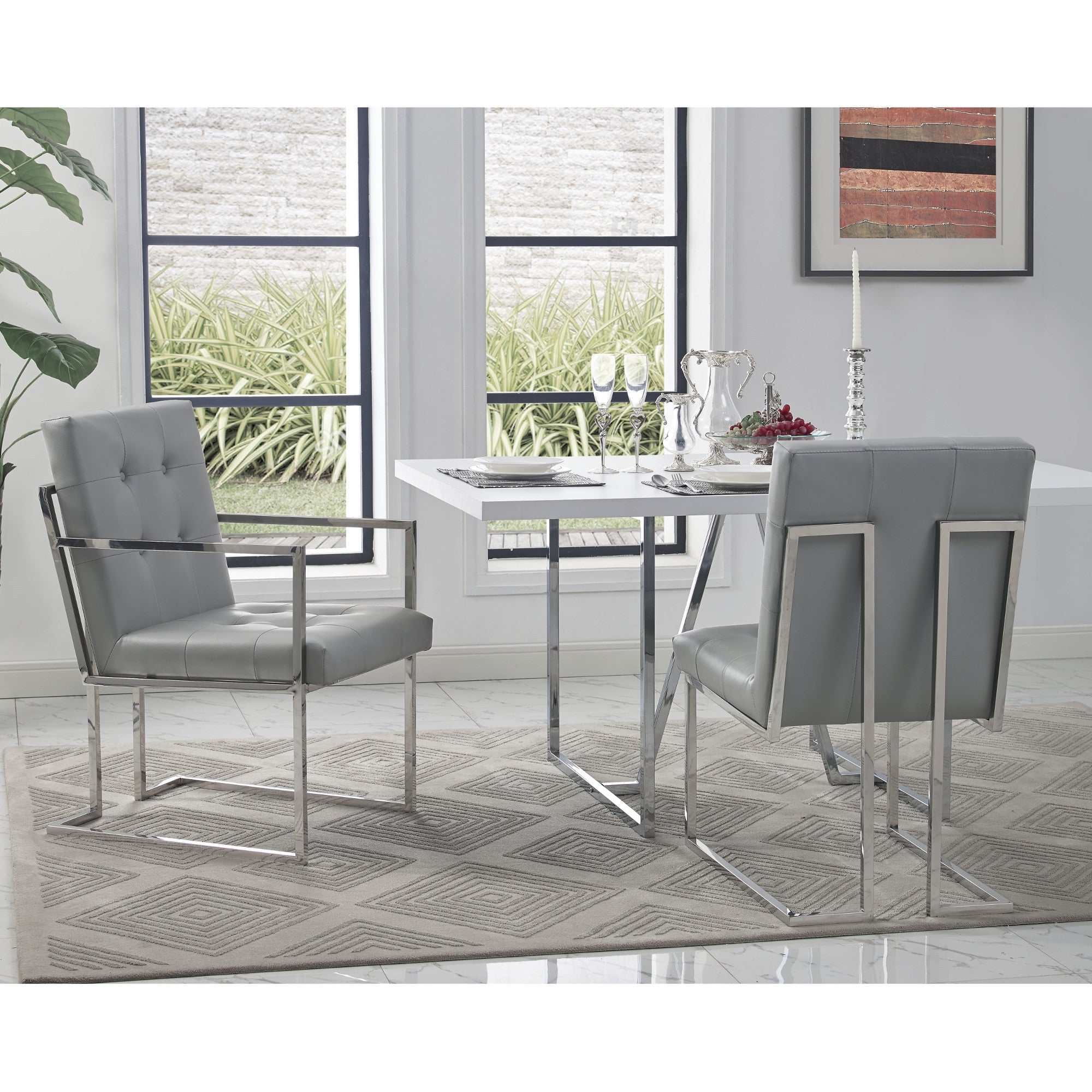 Set of Two Tufted Light Gray and Silver Metallic Upholstered Faux Leather Dining Arm Chairs
