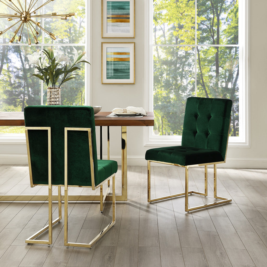Set of Two Tufted Hunter Green and Gold Upholstered Velvet Dining Side Chairs