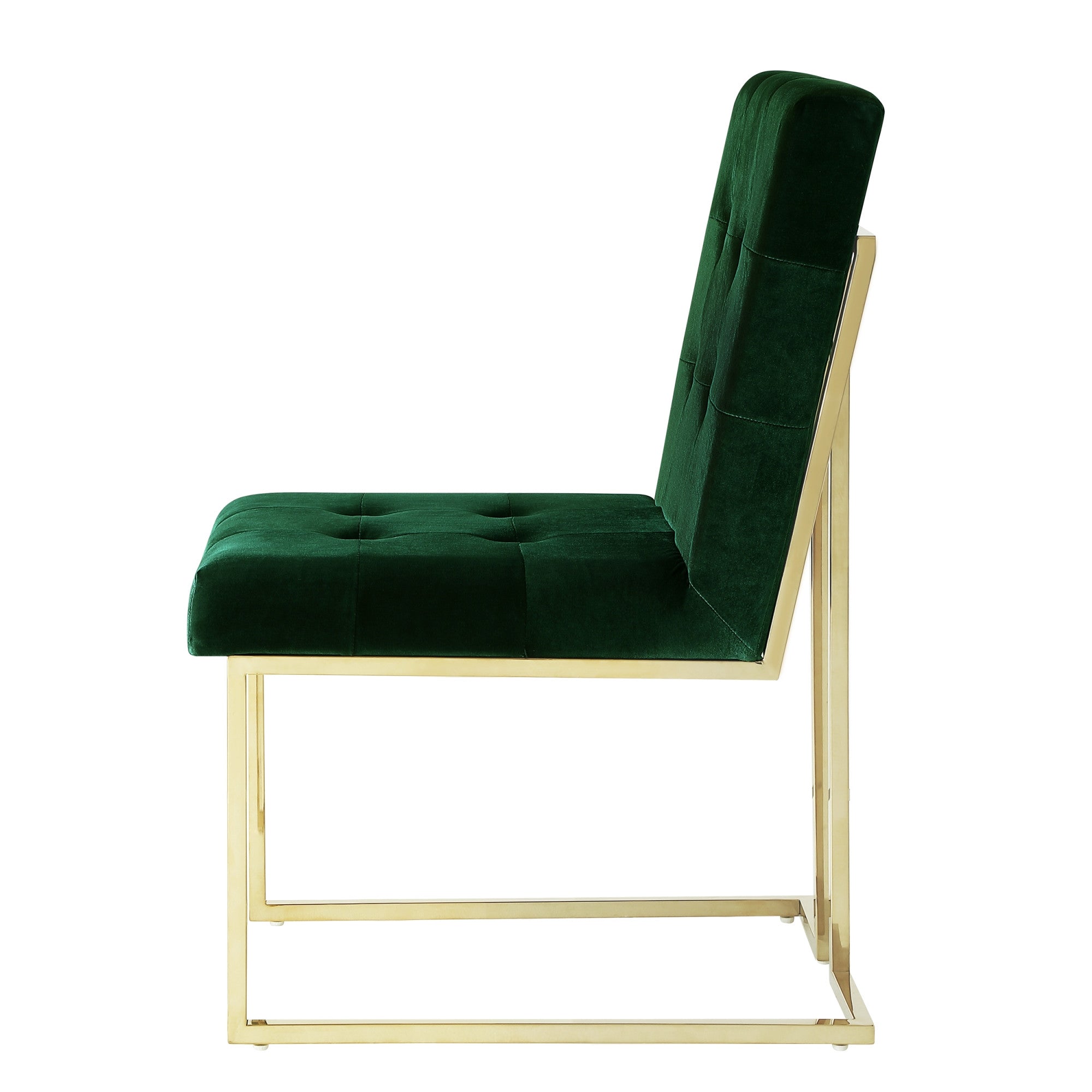 Set of Two Tufted Hunter Green and Gold Upholstered Velvet Dining Side Chairs