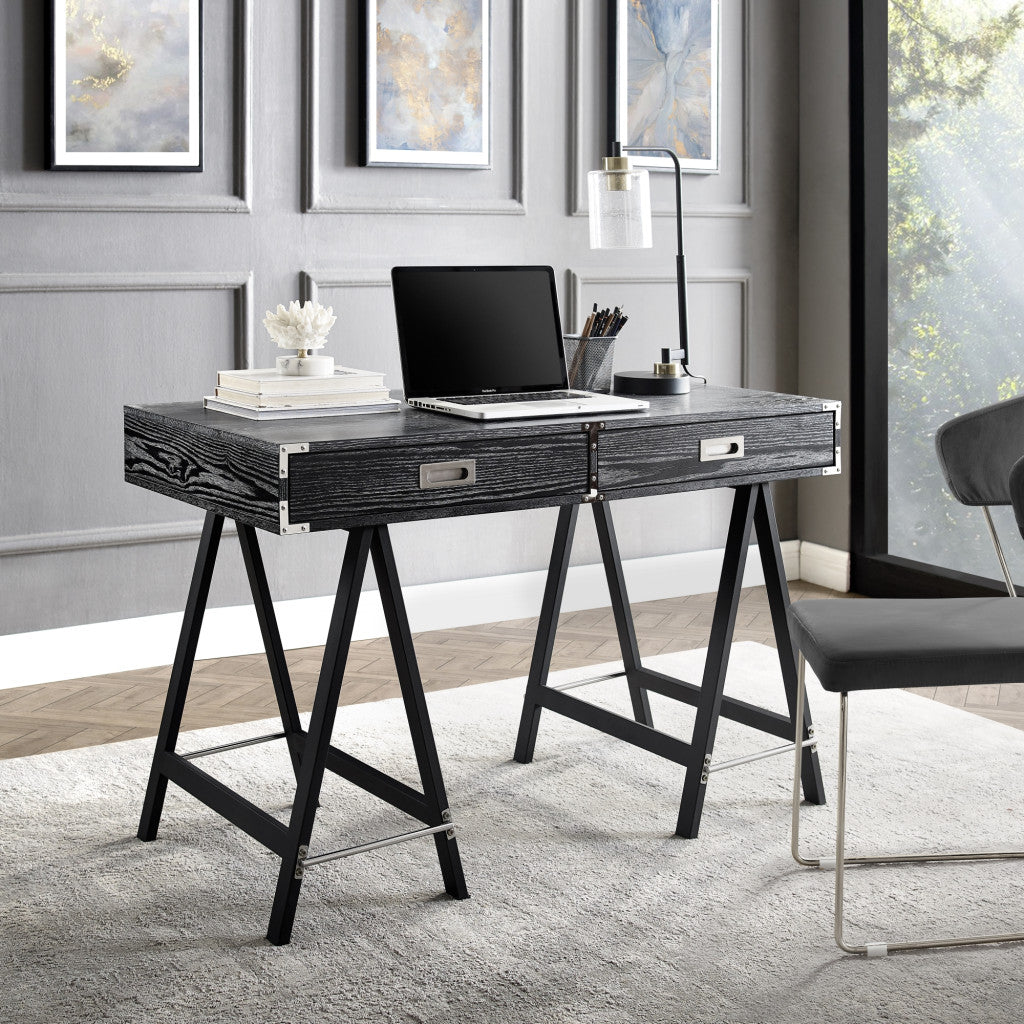 47" Gray and Black Writing Desk With Two Drawers