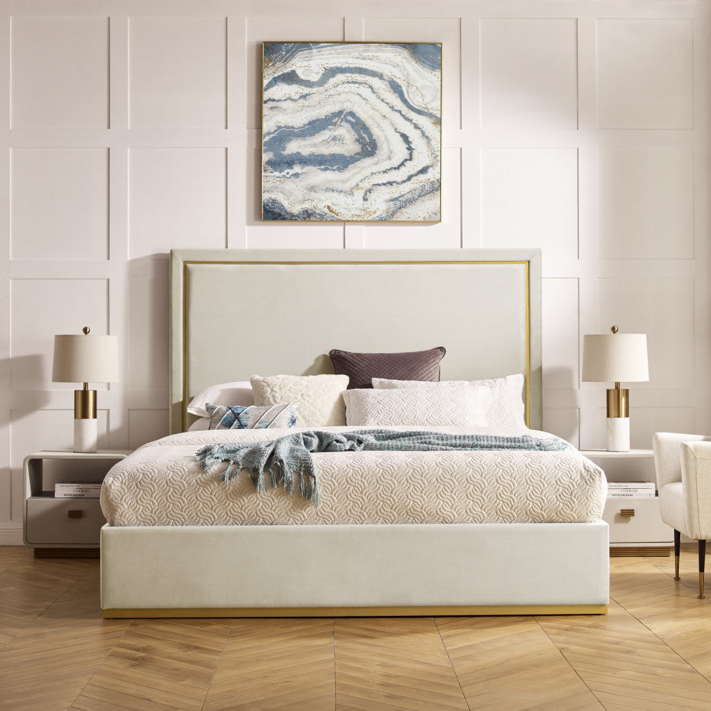 Beige Solid Wood Queen Upholstered Velvet Bed