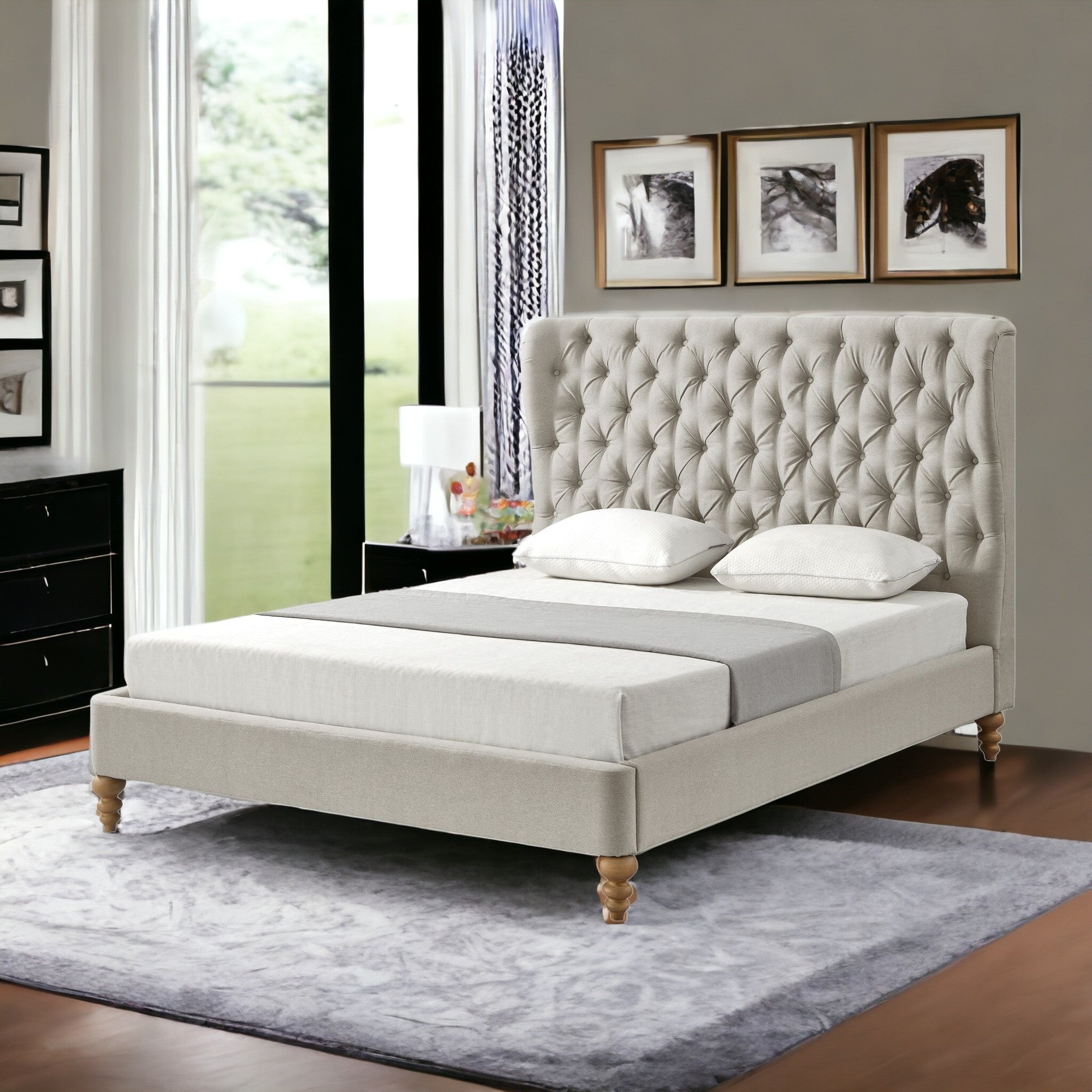Blue Solid Wood Twin Tufted Upholstered Linen Bed