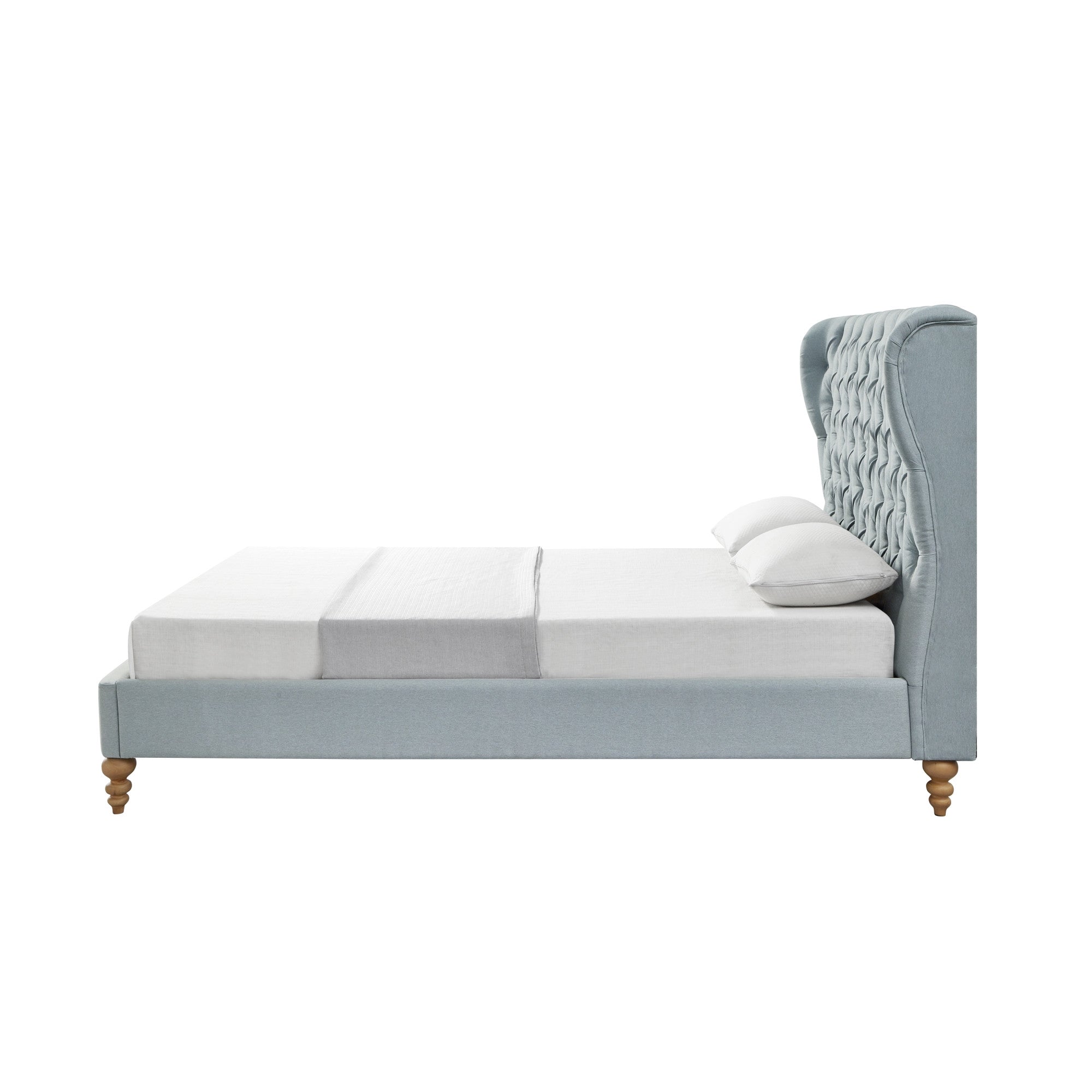 Blue Solid Wood Twin Tufted Upholstered Linen Bed