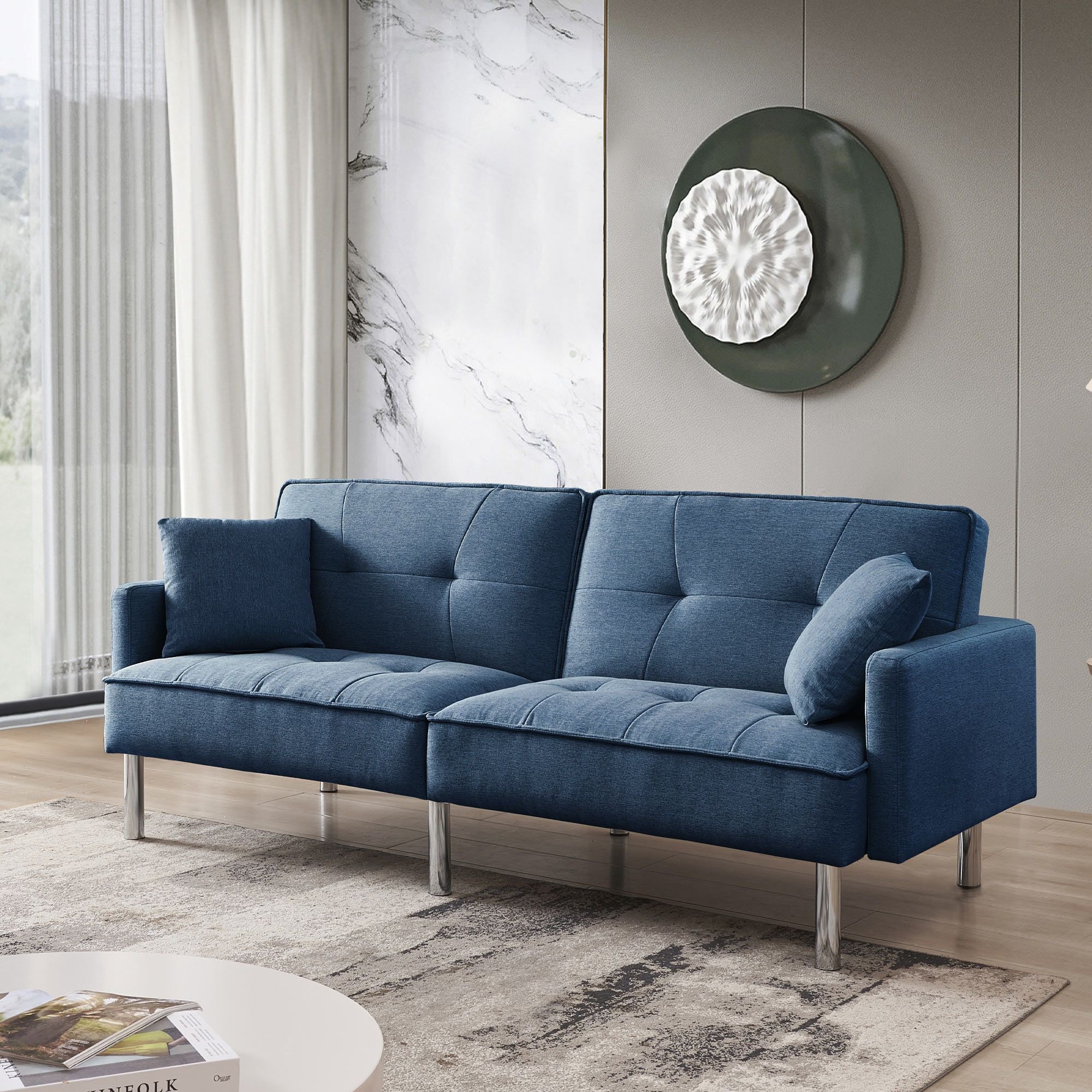 85" Blue Polyester Blend Convertible Futon Sleeper Sofa And Toss Pillows With Silver Legs