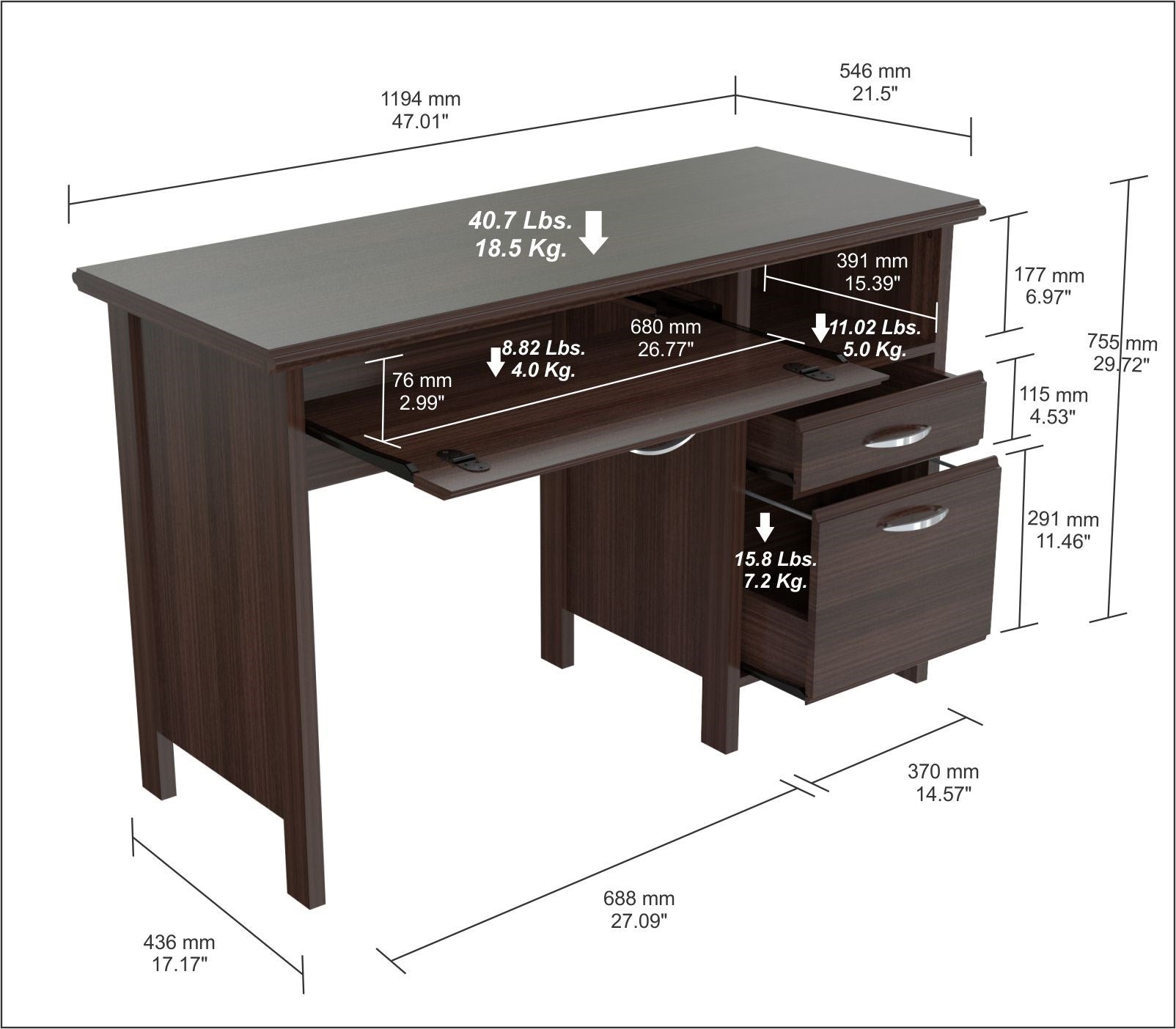 47" Espresso Computer Desk With Two Drawers