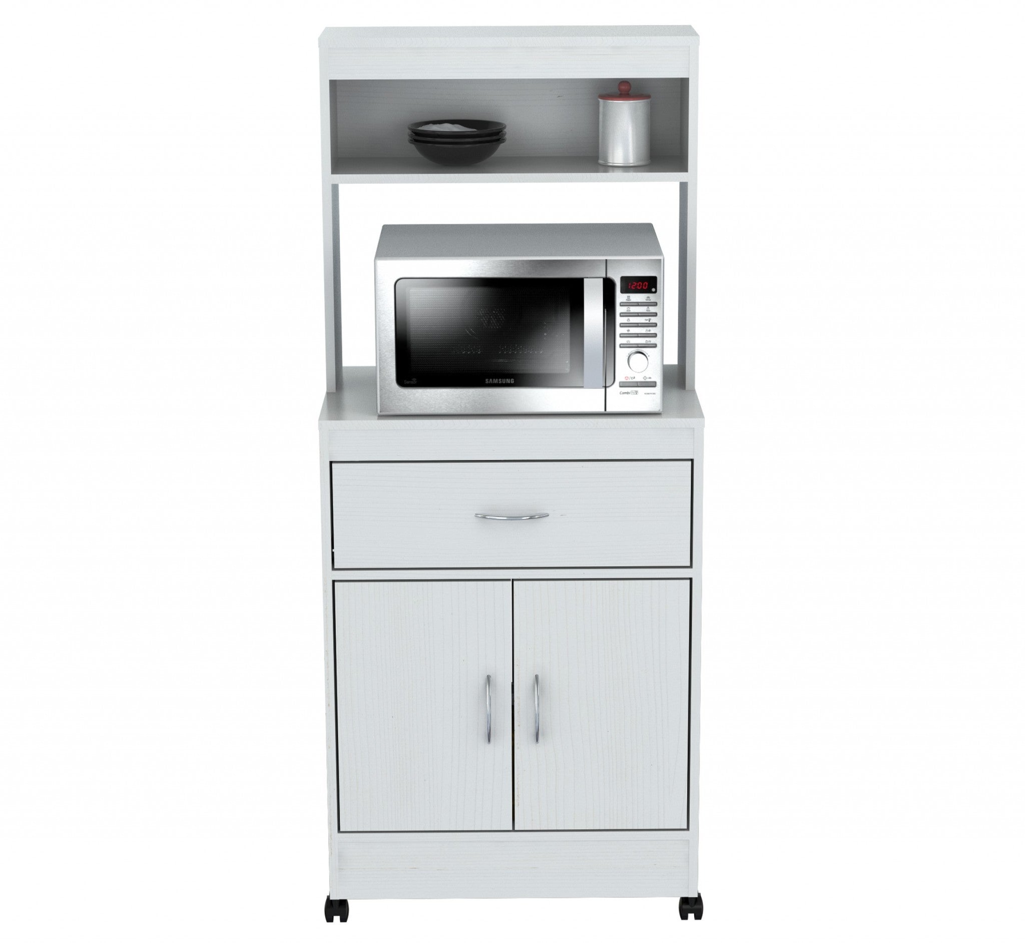 56" White Microwave Kitchen Cabinet With Two Doors And Drawer