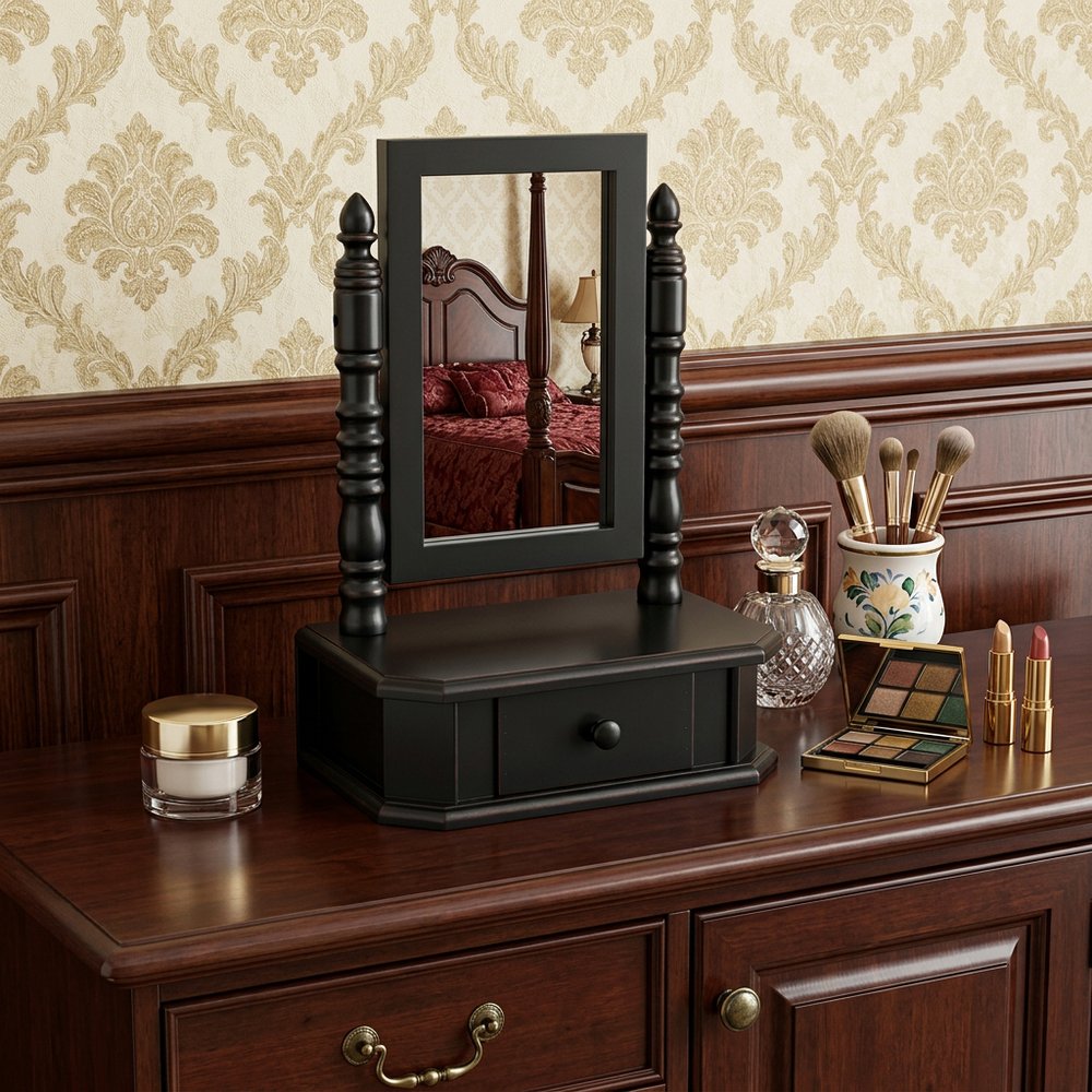20" Black Wood Framed Freestanding Makeup Shaving Tabletop Mirror