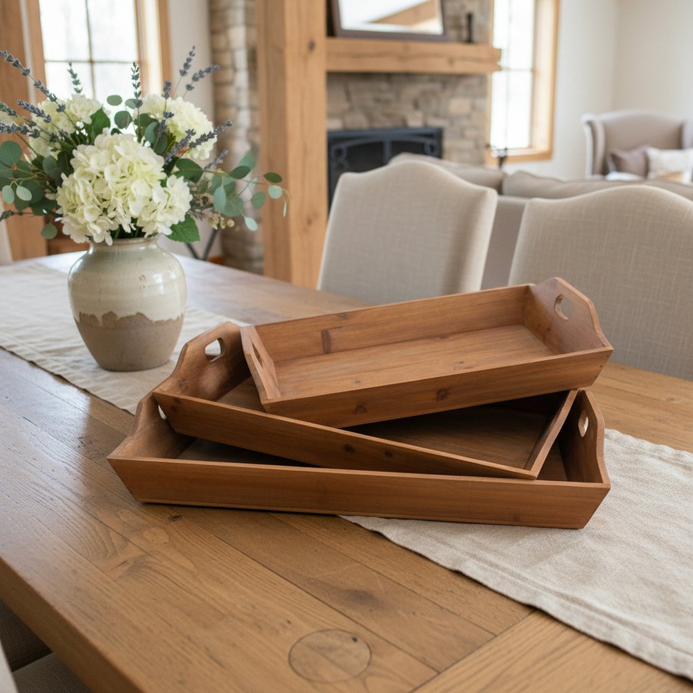 Set of Three Brown Wood Serving Tray
