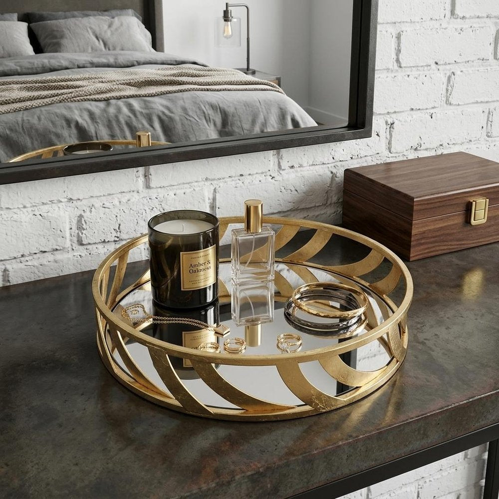 14" Gold Round Metal Geometric Vanity Tray