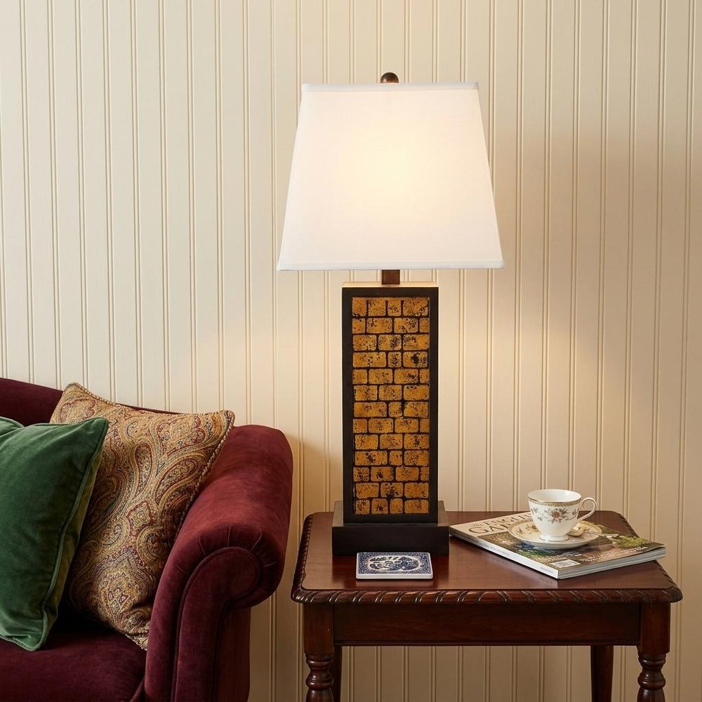 31" Black and Yellow Metal Bedside Table Lamp With White Empire Shade