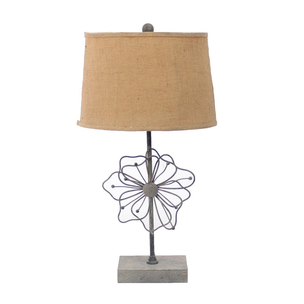 28" Distressed Gray Metal Novelty Bedside Lamp With Khaki Drum Shade