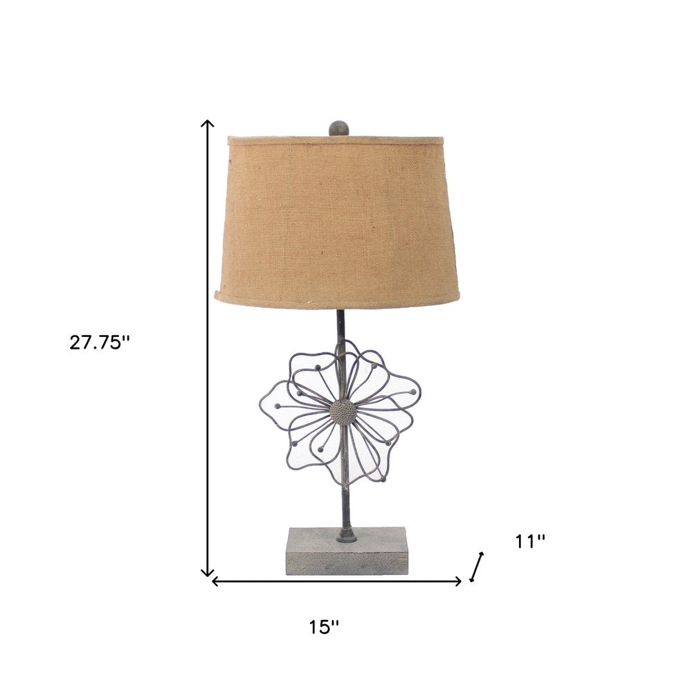 28" Distressed Gray Metal Novelty Bedside Lamp With Khaki Drum Shade