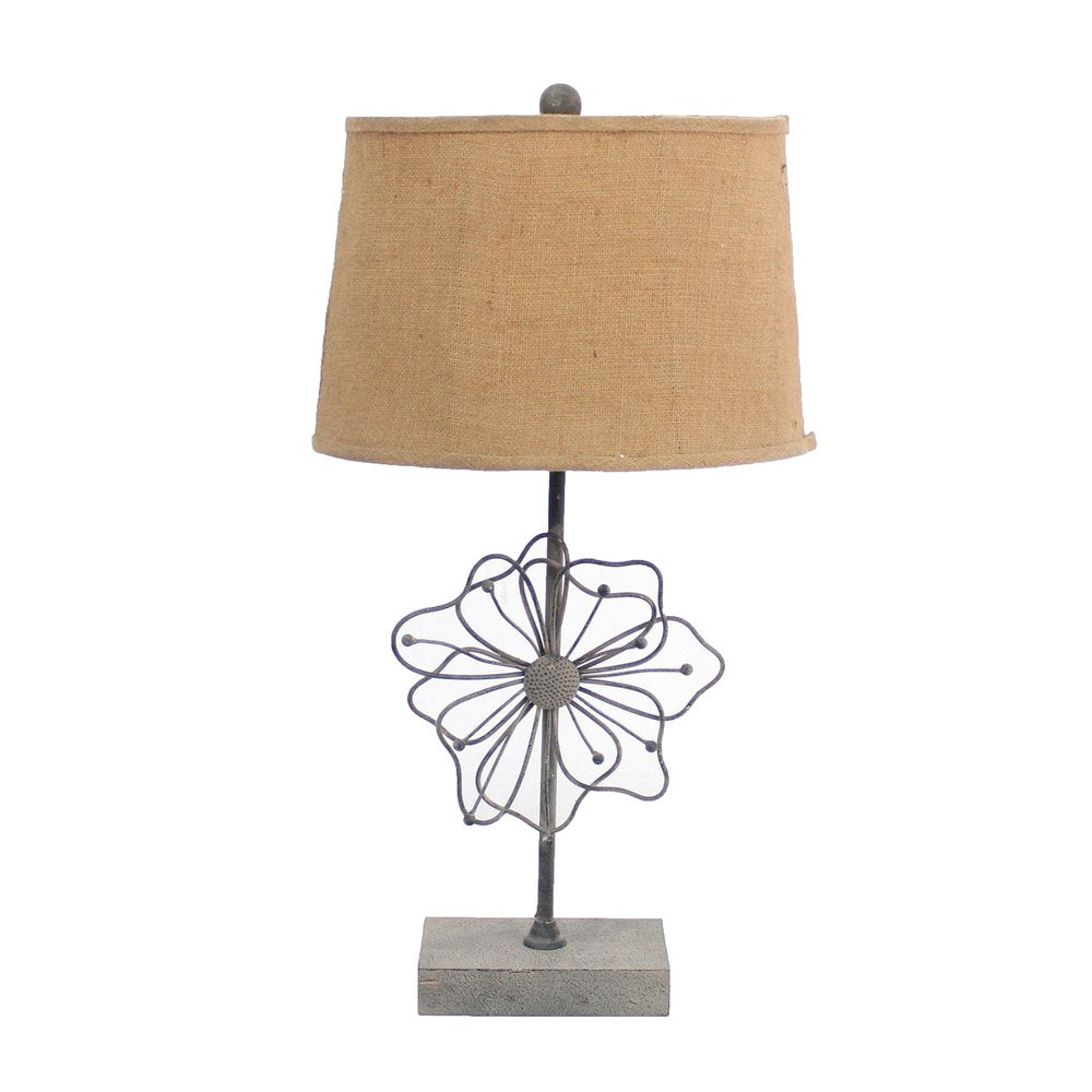 28" Distressed Gray Metal Novelty Bedside Lamp With Khaki Drum Shade