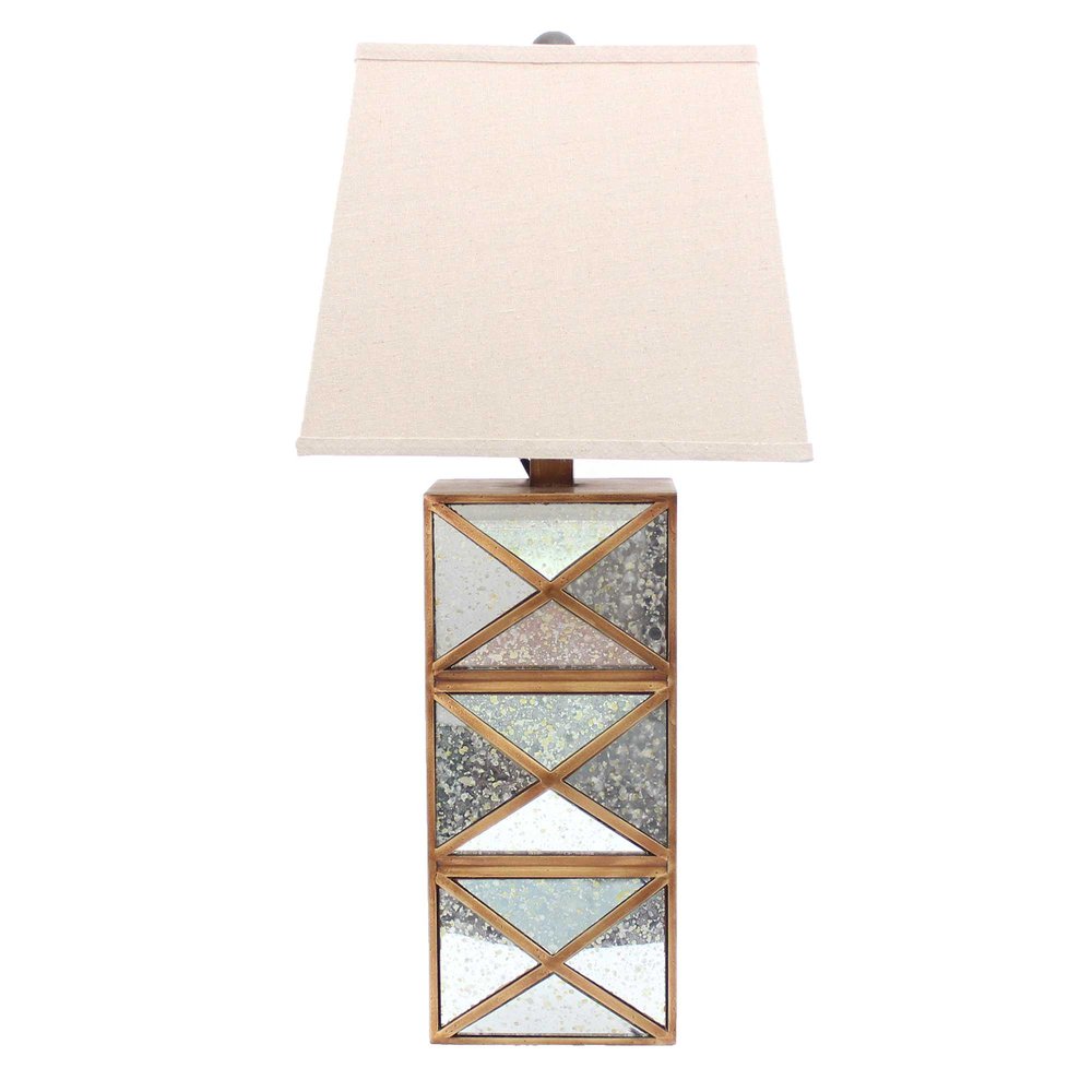 28" Distressed Gold And Silver Metal Bedside Lamp With Beige Shade