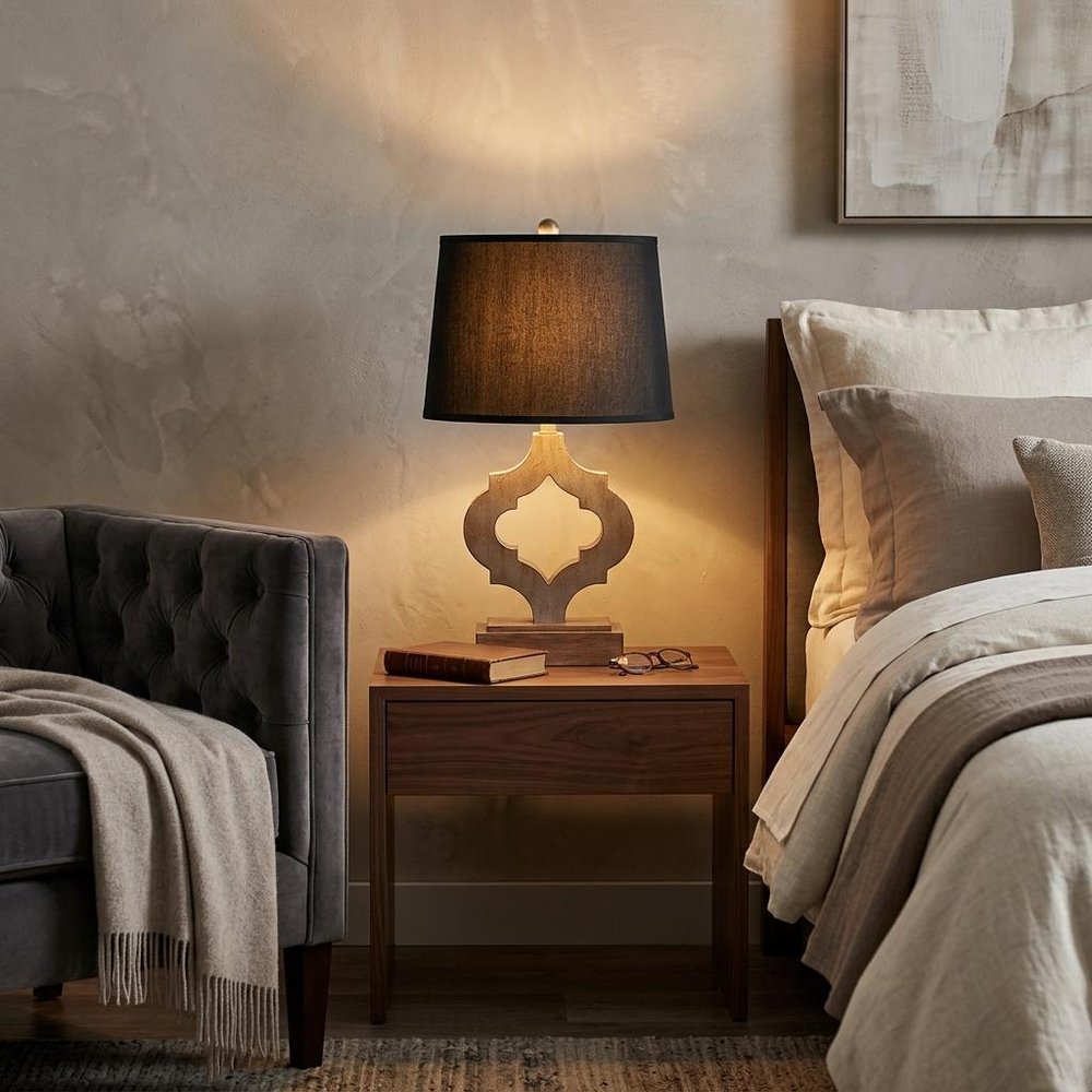 25" Distressed Brown Wood Novelty Bedside Lamp With Black Drum Shade