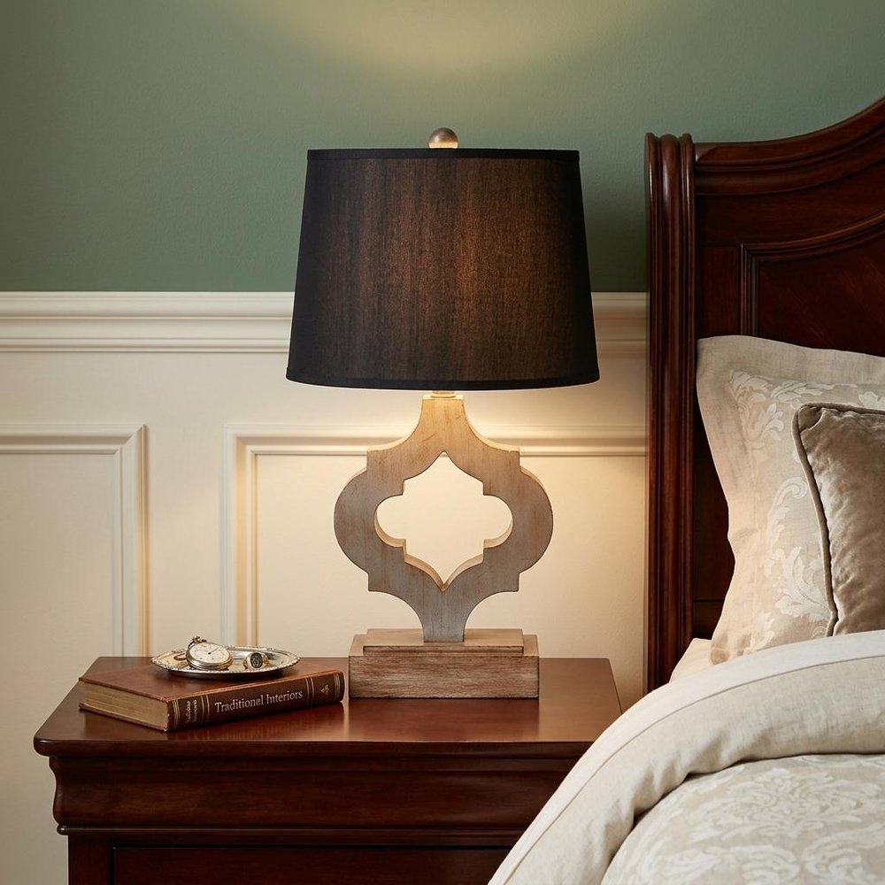 25" Distressed Brown Wood Novelty Bedside Lamp With Black Drum Shade