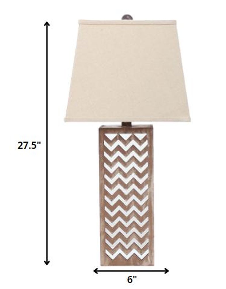 28" Distressed Natural And Silver Metal Bedside Lamp With Beige Cone Shade