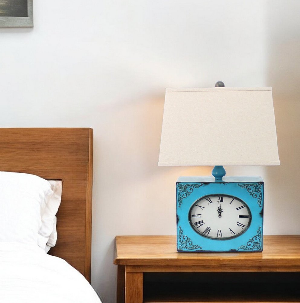 22" Distressed Red Metal Bedside Lamp With Beige Shade