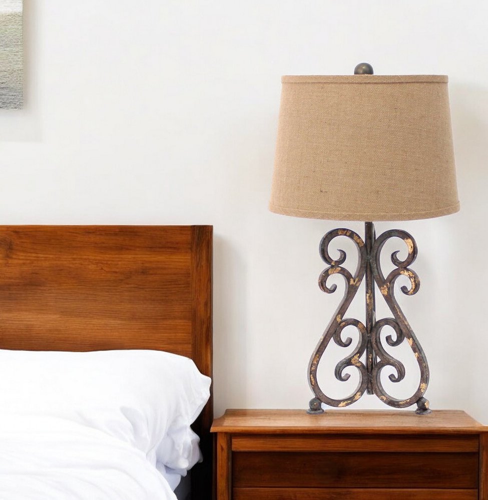 24" Distressed Bronze Metal Novelty Bedside Lamp With Khaki Drum Shade