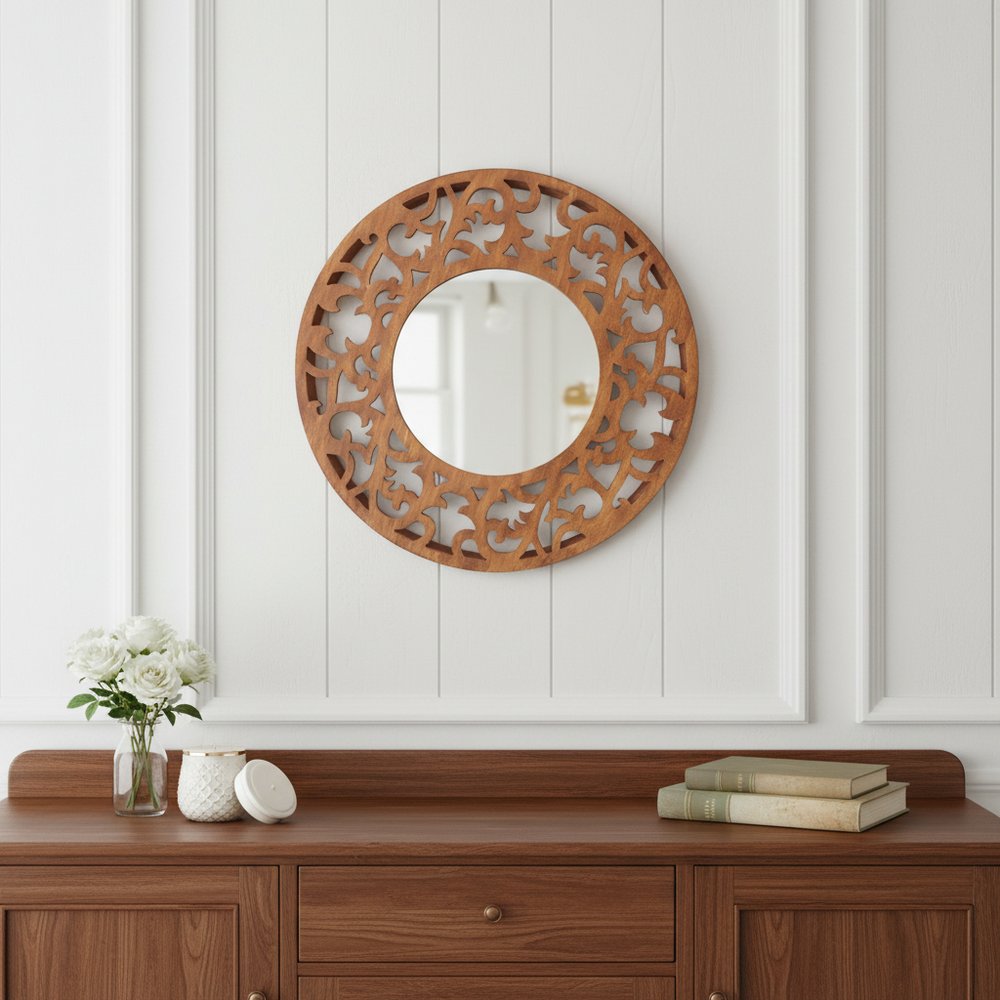 24" Brown Round Wood Framed Accent Mirror
