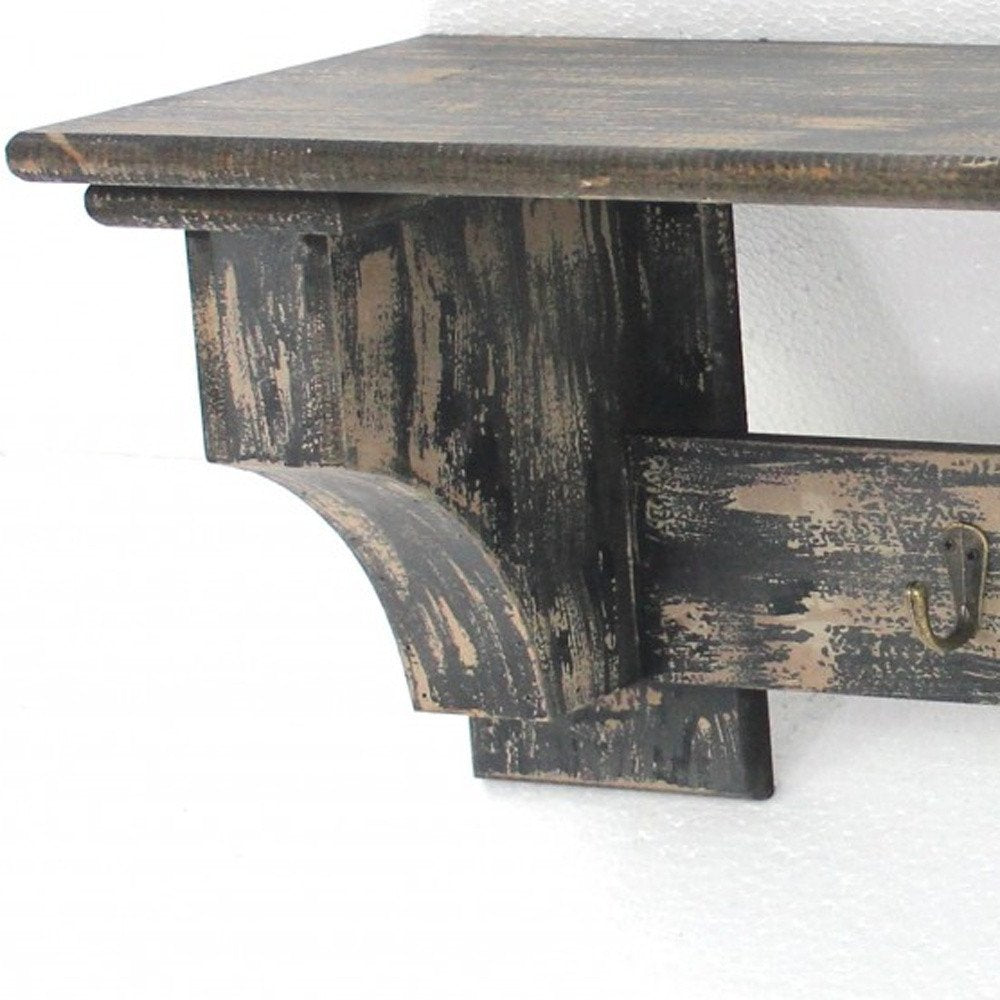 30" Black Distressed Wood Four Hook Wall Mounted Hanging Coat Rack
