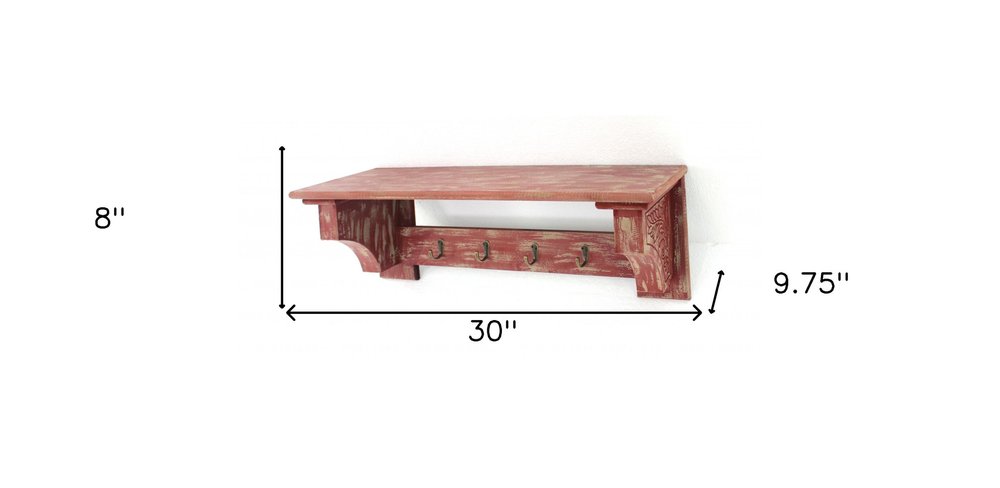 30" Black Distressed Wood Four Hook Wall Mounted Hanging Coat Rack